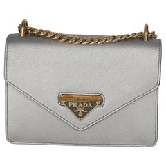 Prada Silver Saffiano Soft Calfskin Metal Triangle Logo Envelope Chain Bag