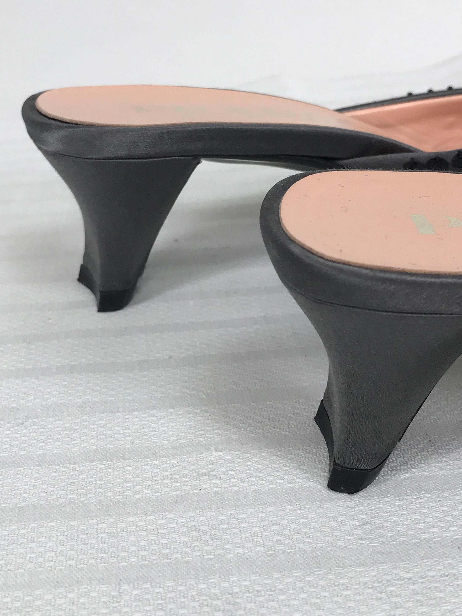 Prada Silver Satin & Black Sequin Open Toe Under Slung Heel Mules 38 In Good Condition In West Palm Beach, FL