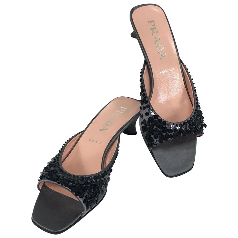 Prada Silver Satin and Black Sequin Open Toe Under Slung Heel Mules 38 For  Sale at 1stDibs