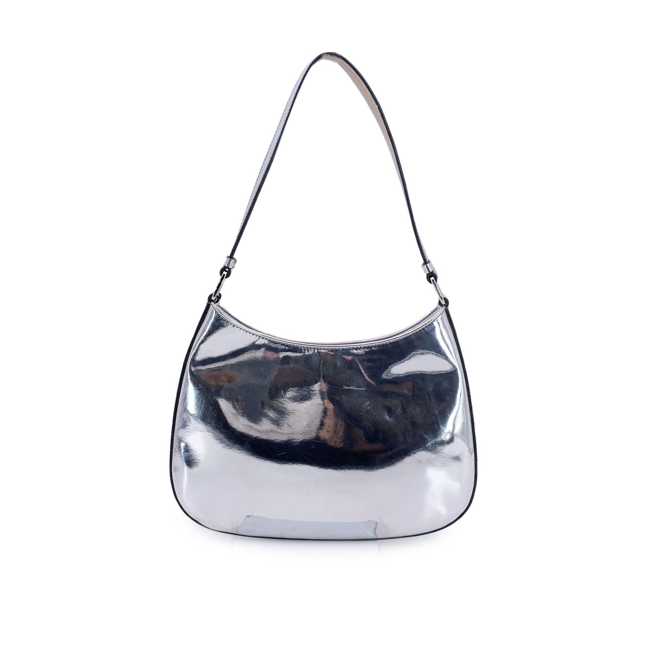 Black Prada Silver Tone Patent Leather Cleo Structured Shoulder Bag For Sale