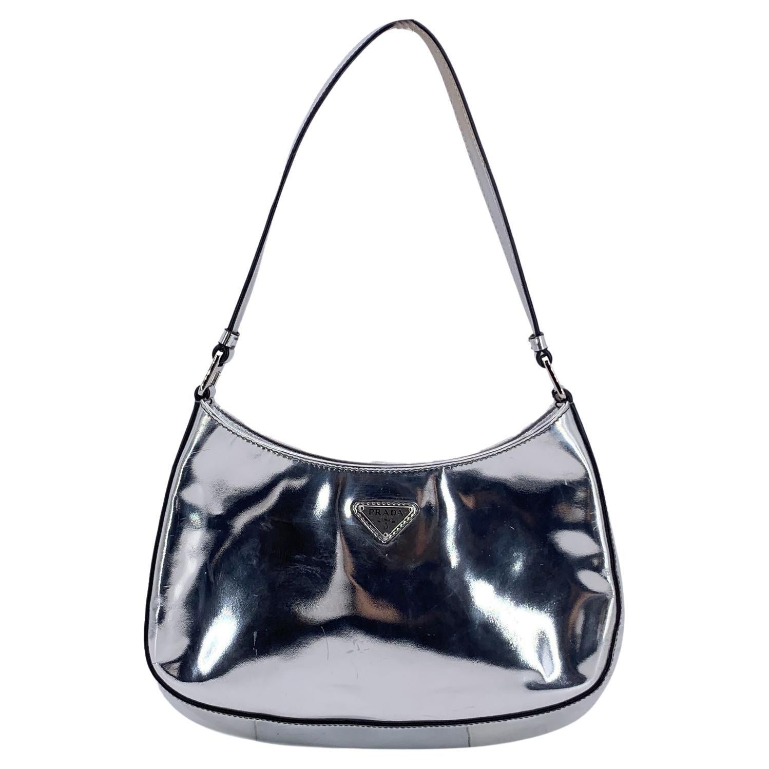 Prada Silver Tone Patent Leather Cleo Structured Shoulder Bag For Sale