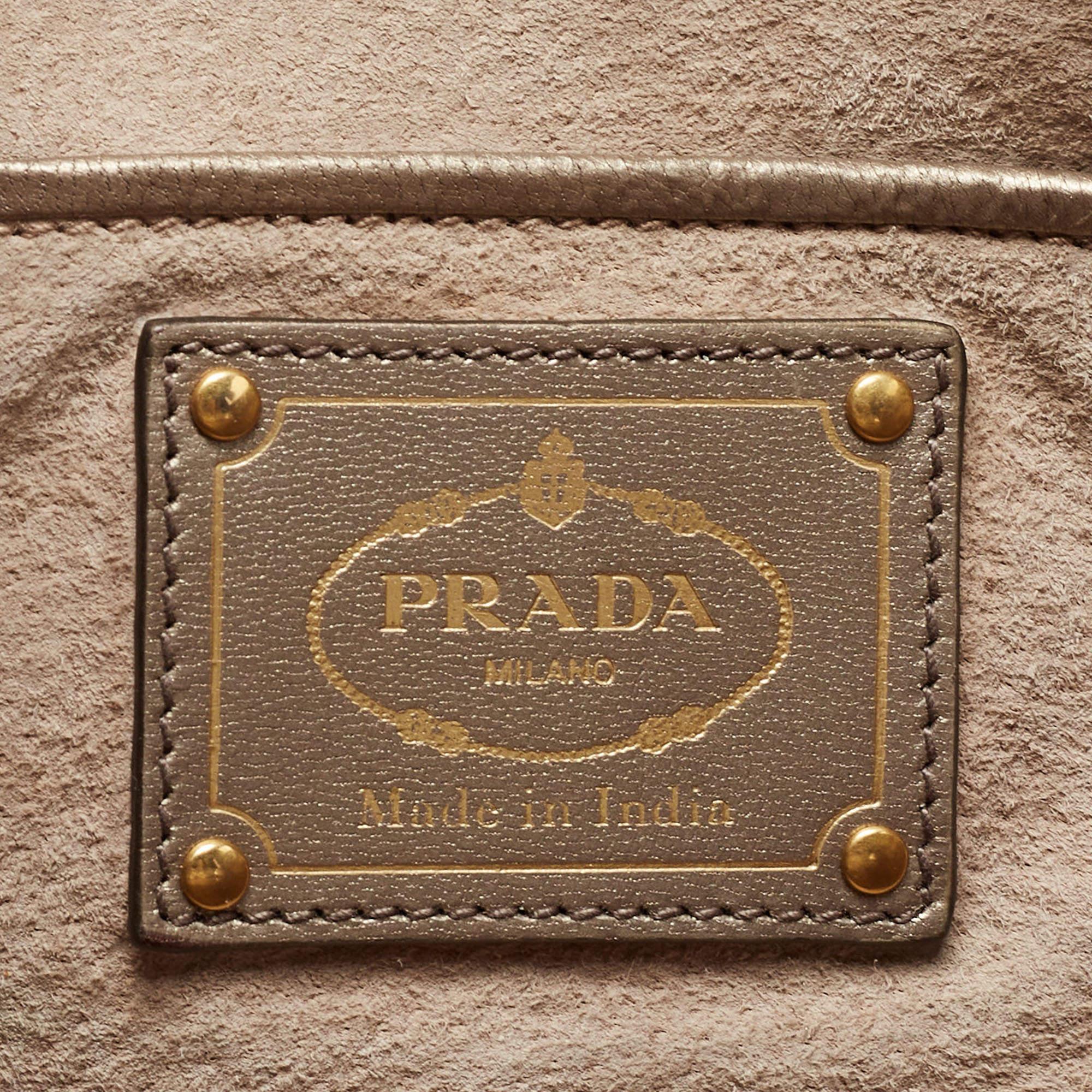 Prada Silver/Two Tone Metallic Beige Madras Leather Tote 2