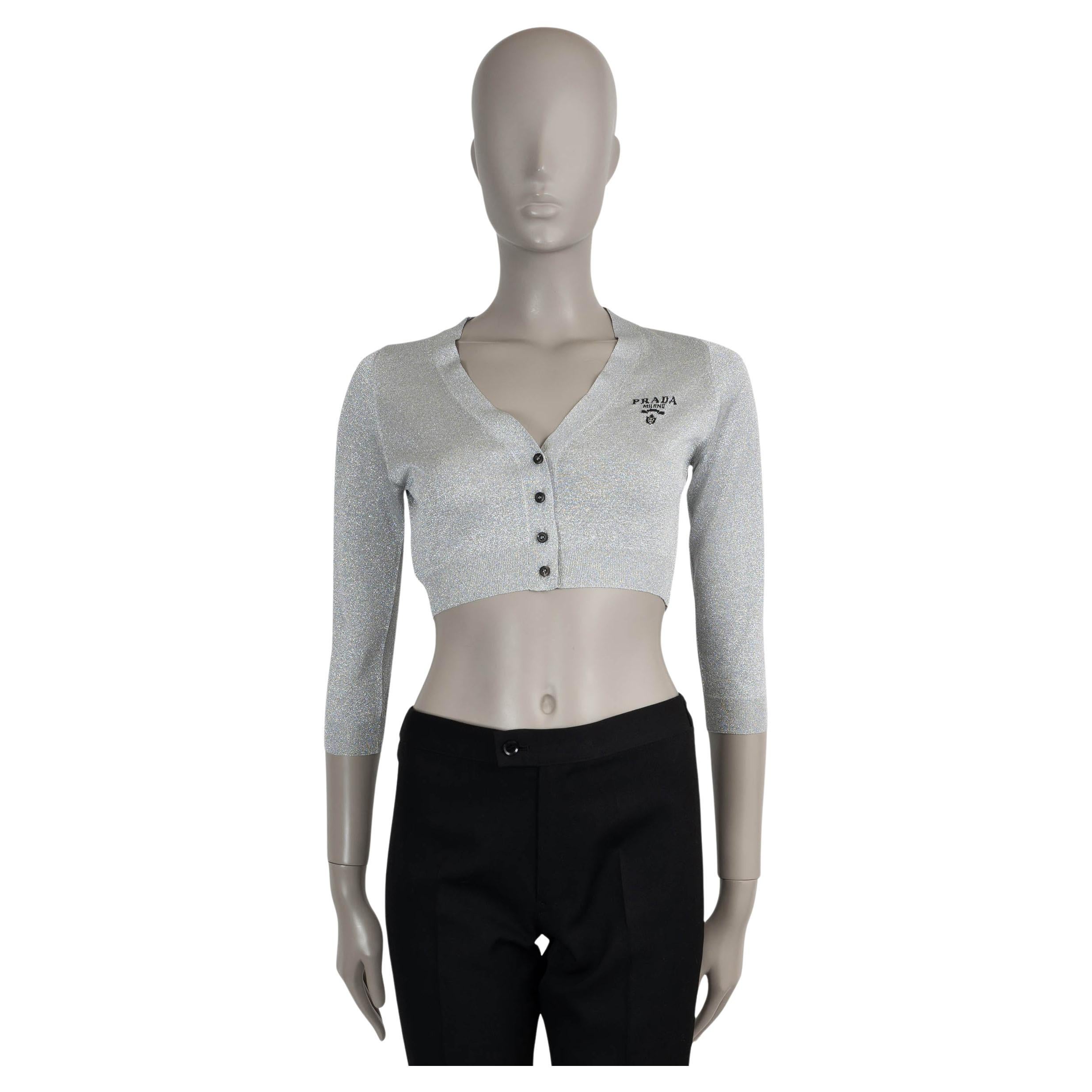 PRADA silver viscose 2021 CROPPED LUREX Knit  Cardigan Sweater 40 S