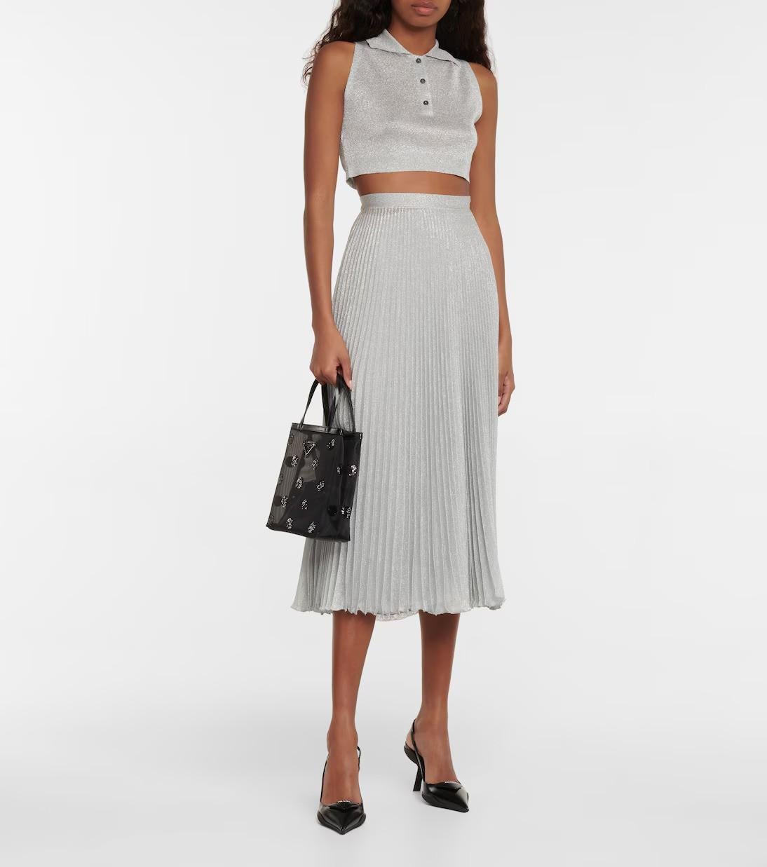 PRADA silver viscose 2021 PLISSE PLEATED MIDI Skirt 38 XS im Angebot 2