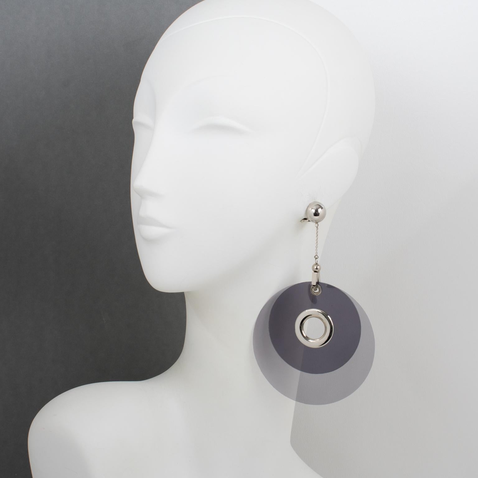 Modernist Prada Silvery and Gray Extra-Wide Clip Earrings Runway SS 2016 Collection in Box For Sale