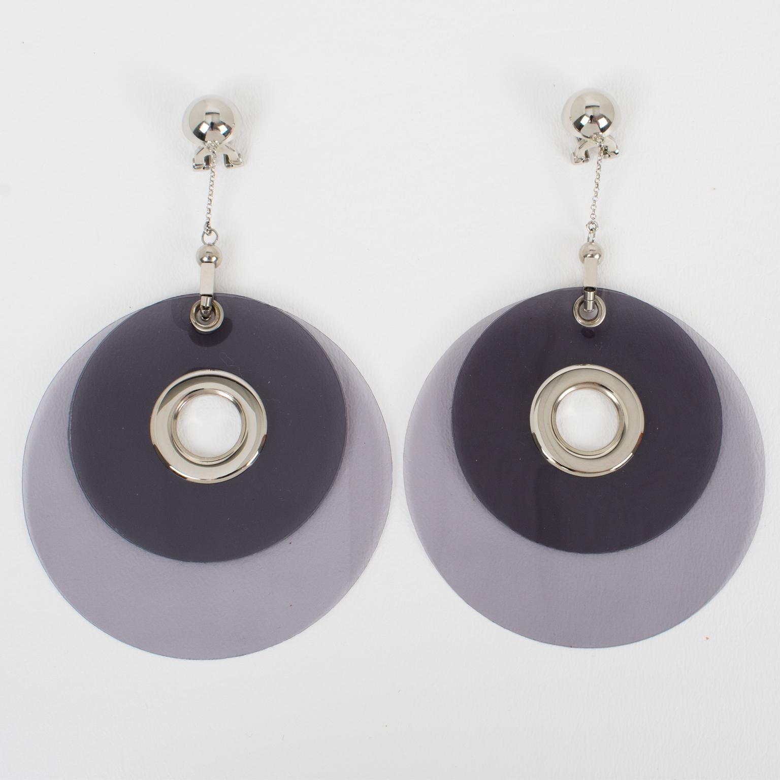 Prada Silvery and Gray Extra-Wide Clip Earrings Runway SS 2016 Collection in Box In Excellent Condition For Sale In Atlanta, GA