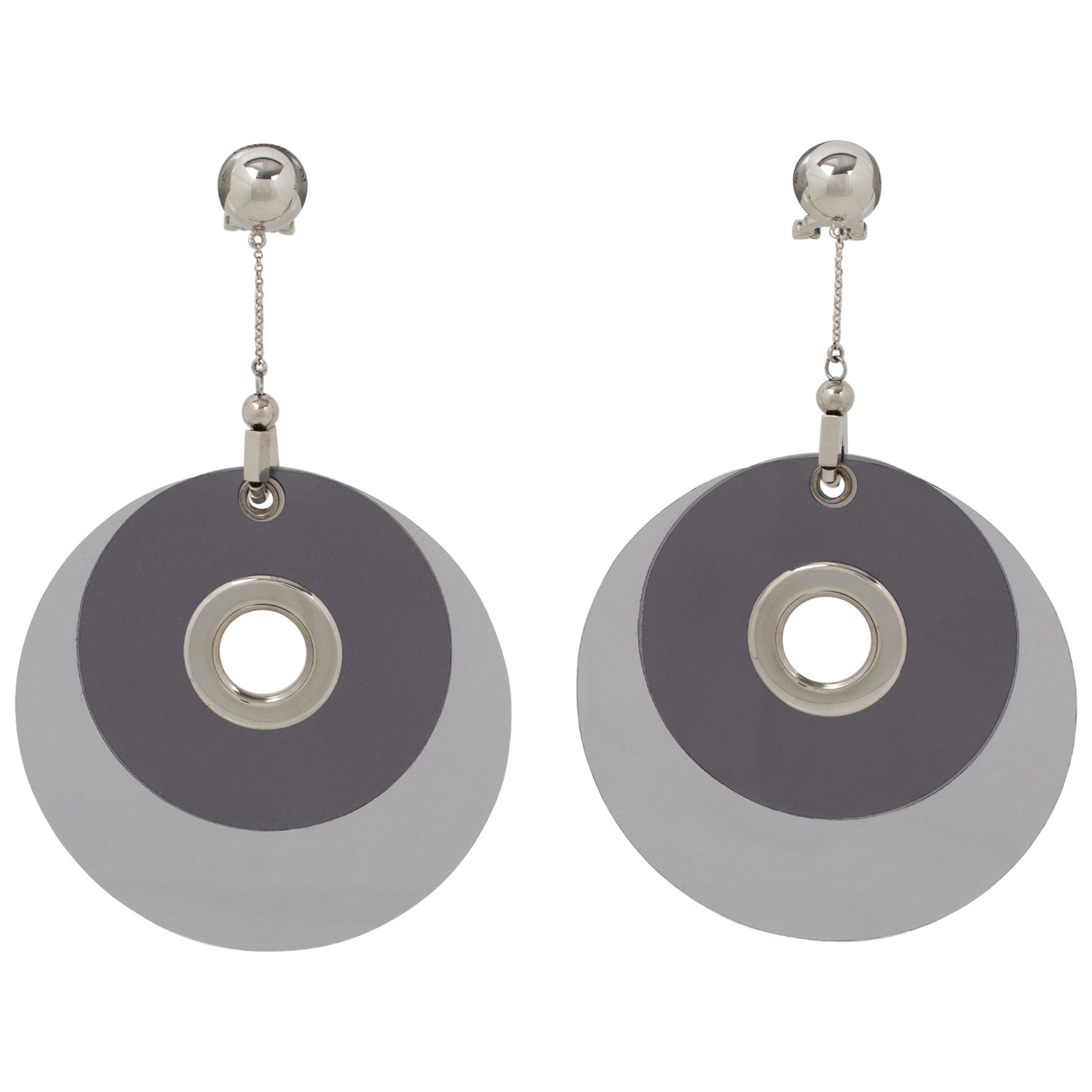 Prada Silvery and Gray Extra-Wide Clip Earrings Runway SS 2016 Collection in Box For Sale