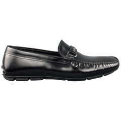 Used PRADA Size 10 Black Glossy Leather Metal Strap Driver Sole Loafers
