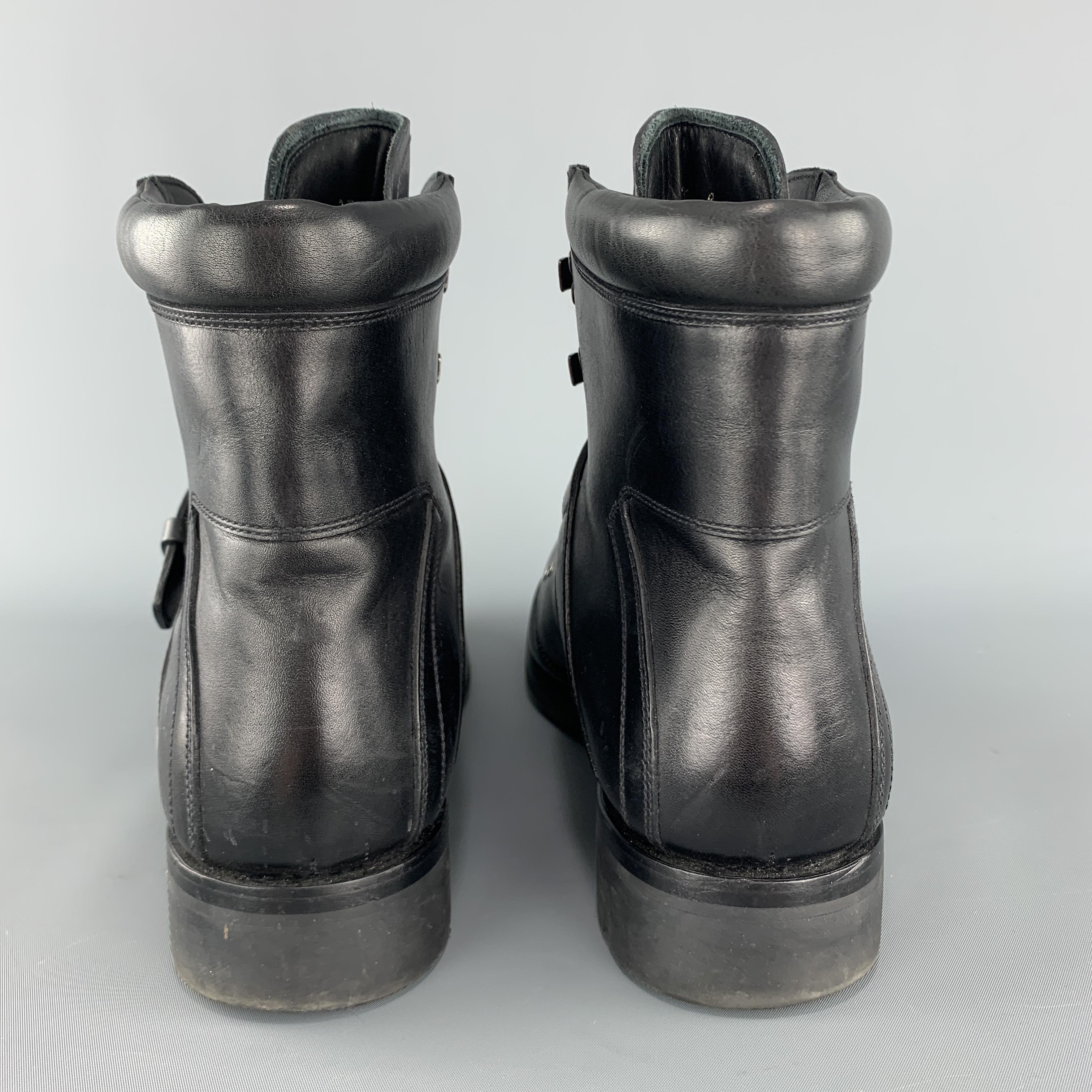 Men's PRADA Size 10 Black Leather Lace Up & Belt Strap Hiking Boots