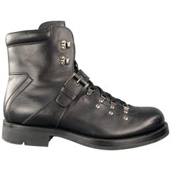 Used PRADA Size 10 Black Leather Lace Up & Belt Strap Hiking Boots