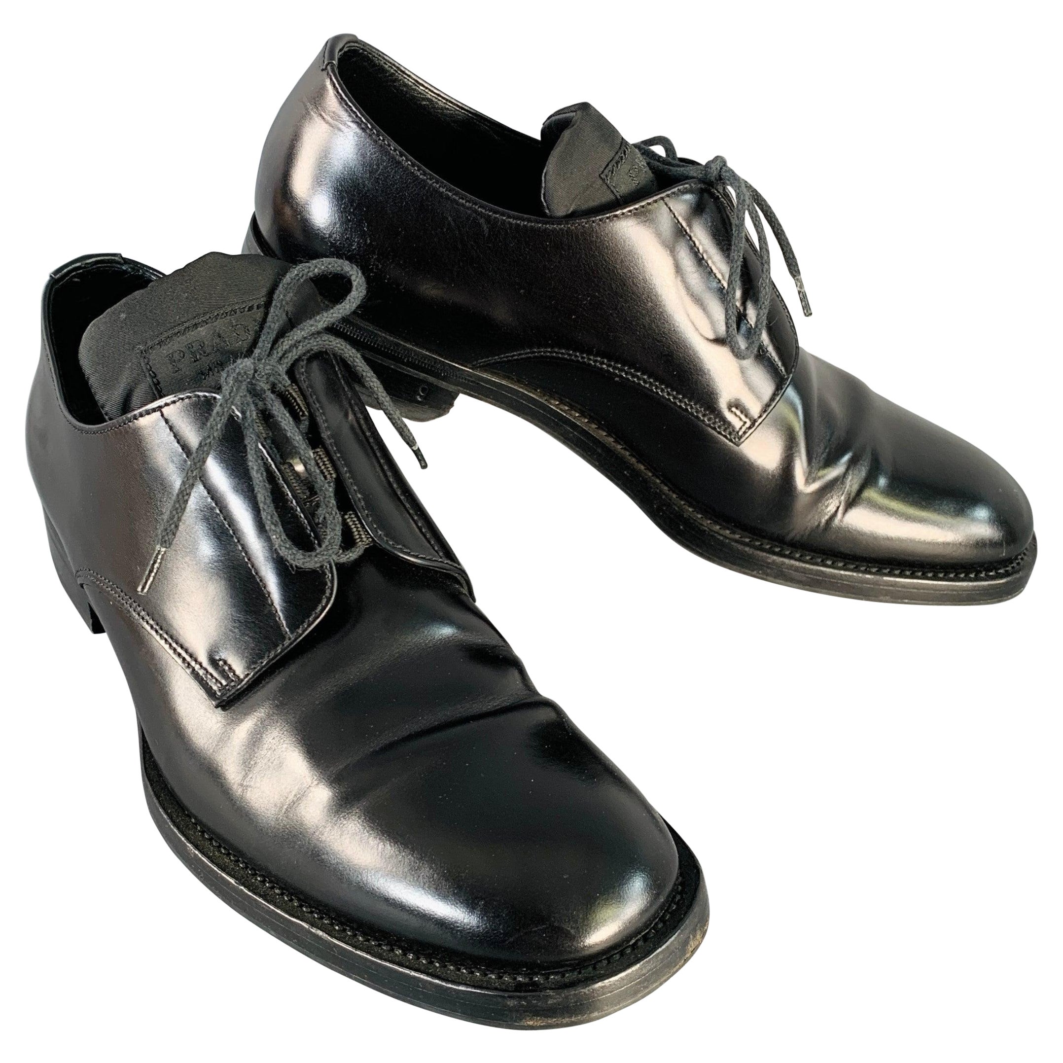 PRADA Size 10 Black Leather Nylon Derby Lace-Up Shoes