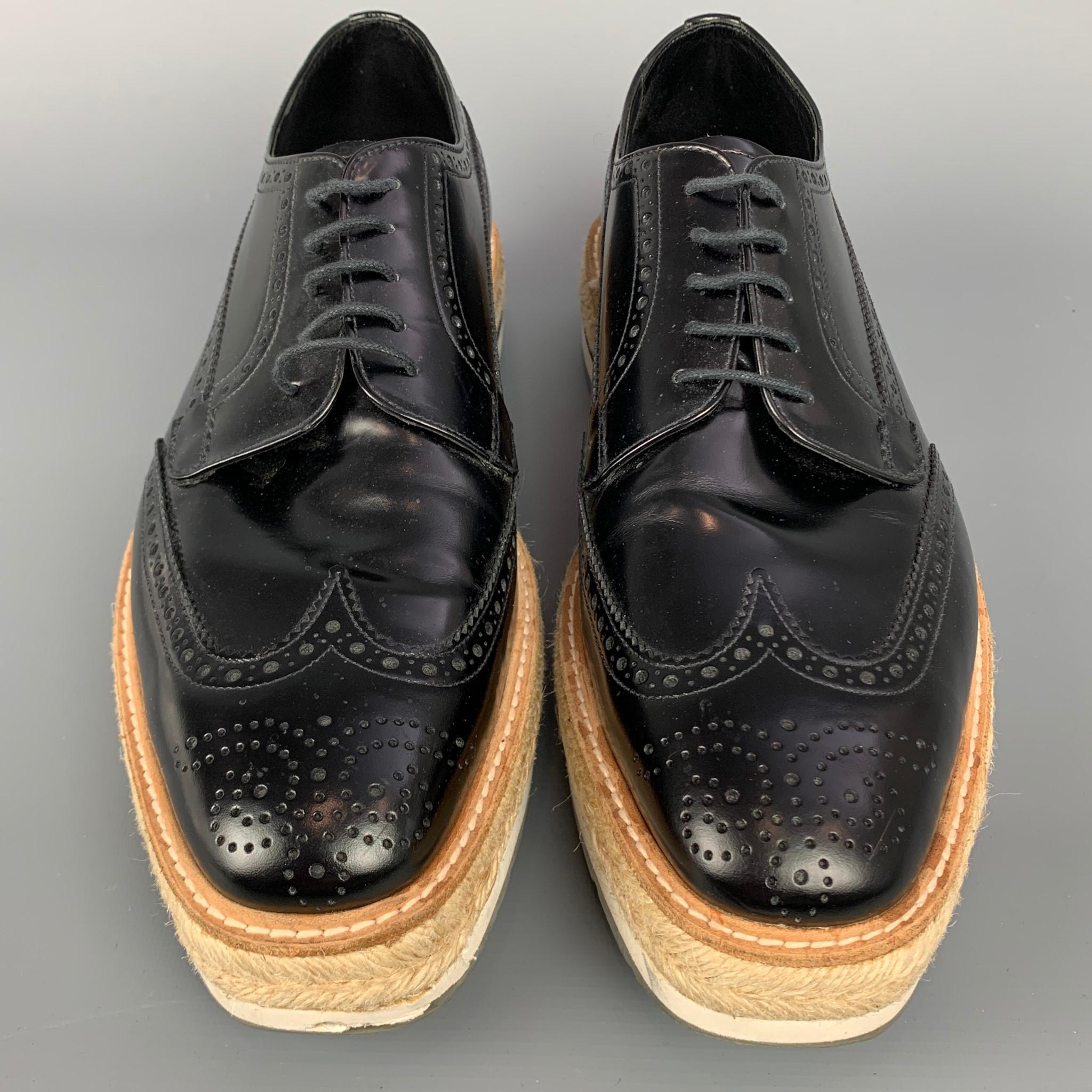 PRADA Size 10 Black Perforated Leather Platform Lace Up Shoes In Good Condition In San Francisco, CA