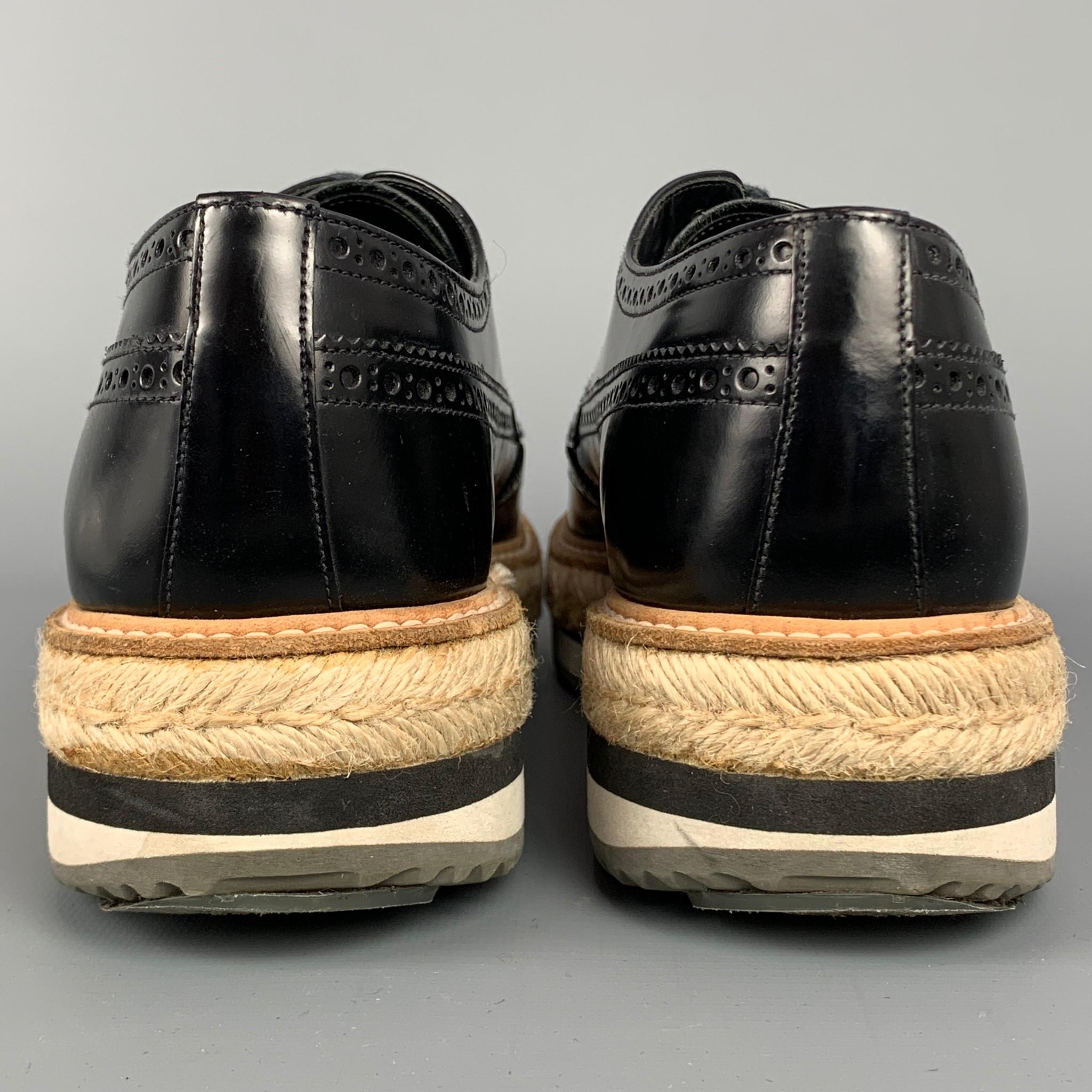 Men's PRADA Size 10 Black Perforated Leather Platform Lace Up Shoes