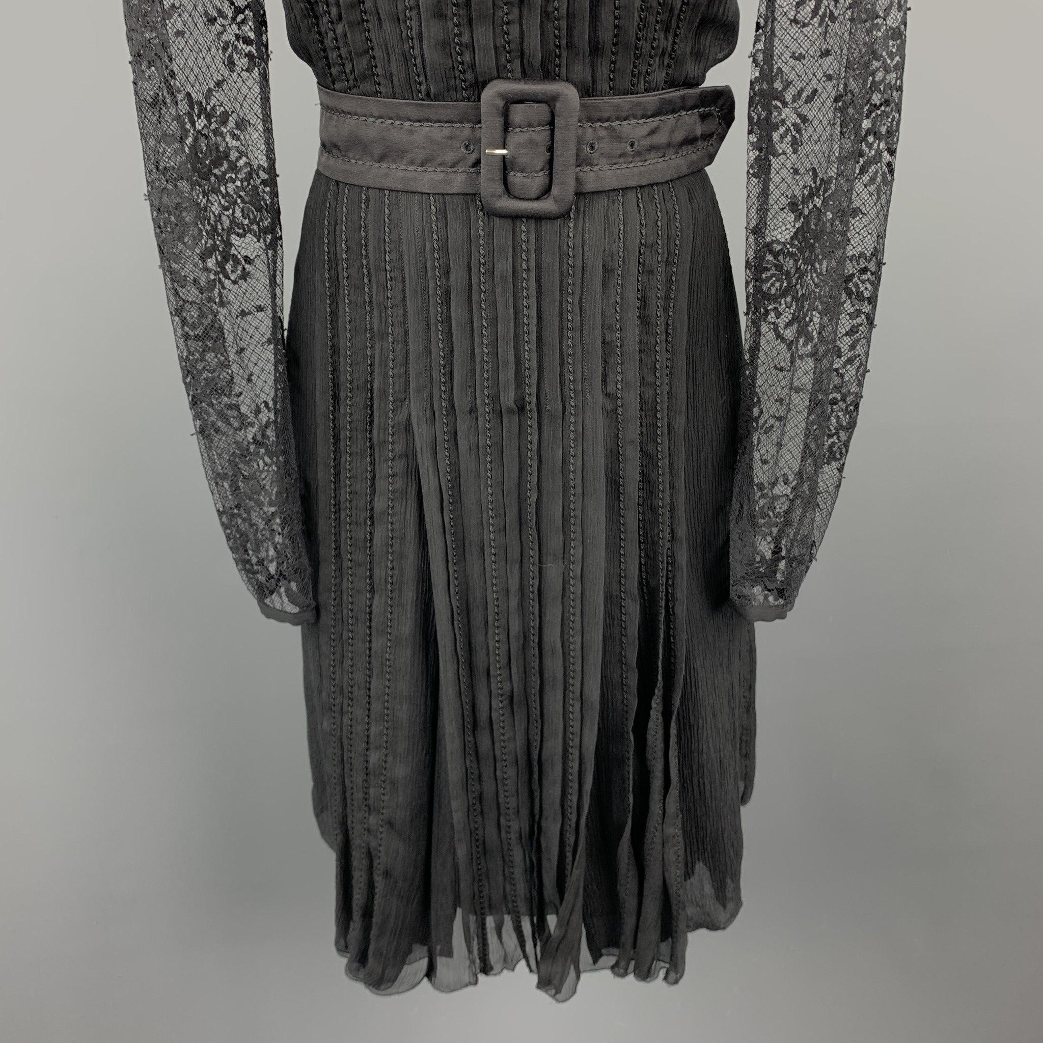 PRADA Size 10 Black Pleated Silk Lace Top Long Sleeve Cocktail Dress In Good Condition For Sale In San Francisco, CA
