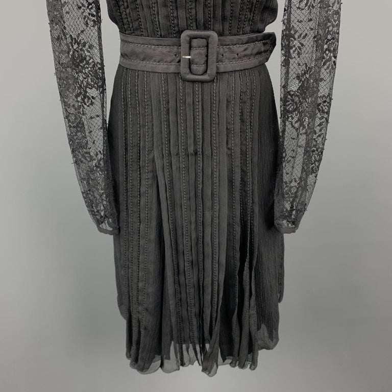 PRADA Size 10 Black Pleated Silk Lace Top Long Sleeve Cocktail Dress In Excellent Condition For Sale In San Francisco, CA