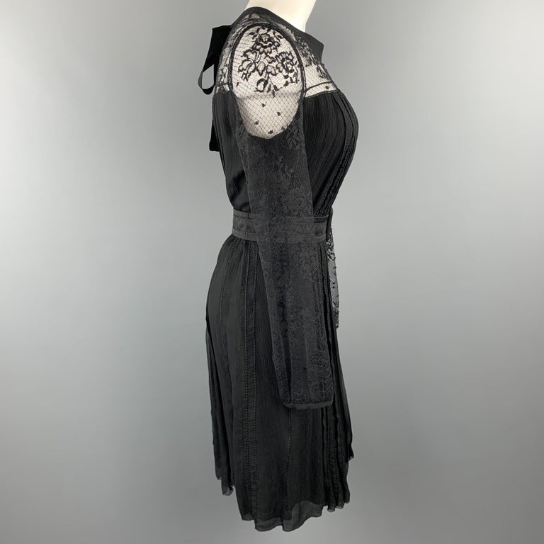 PRADA Size 10 Black Pleated Silk Lace Top Long Sleeve Cocktail Dress For Sale 1
