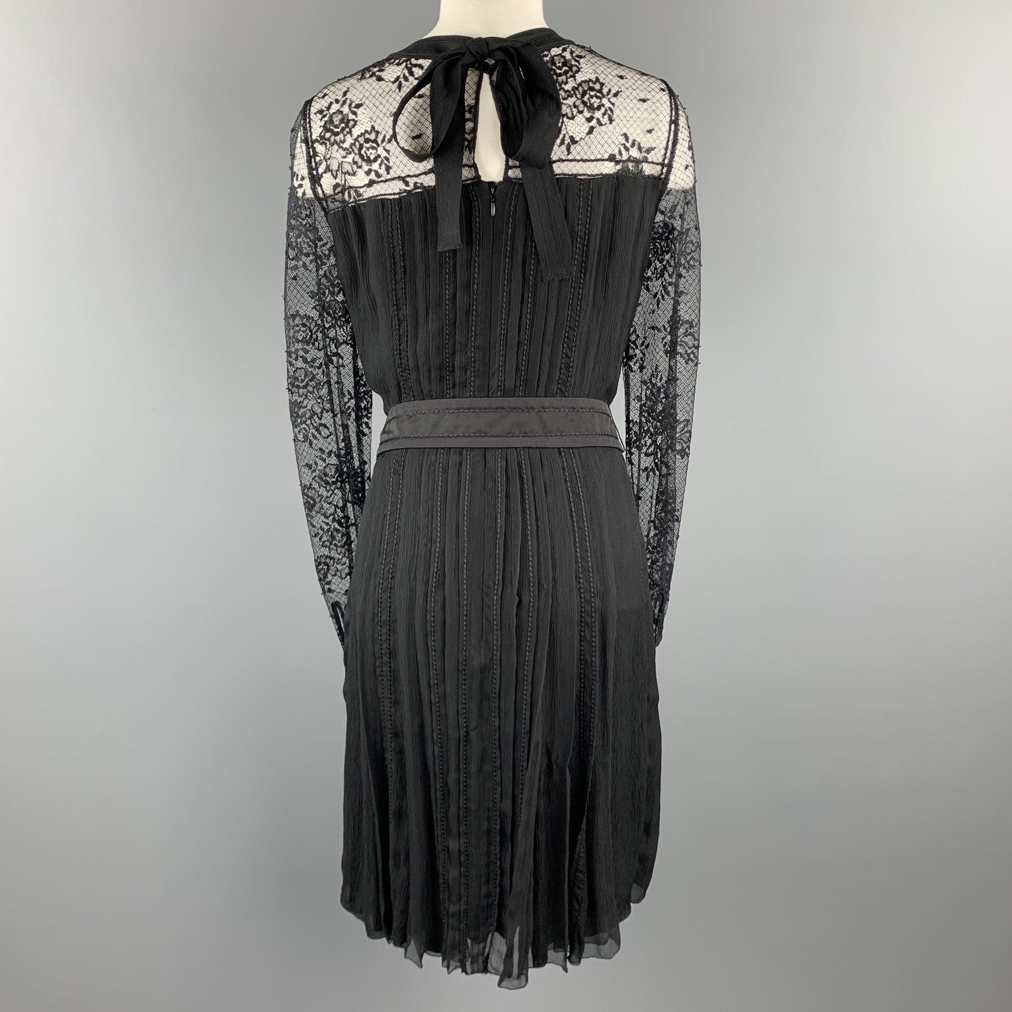 PRADA Size 10 Black Pleated Silk Lace Top Long Sleeve Cocktail Dress For Sale 2