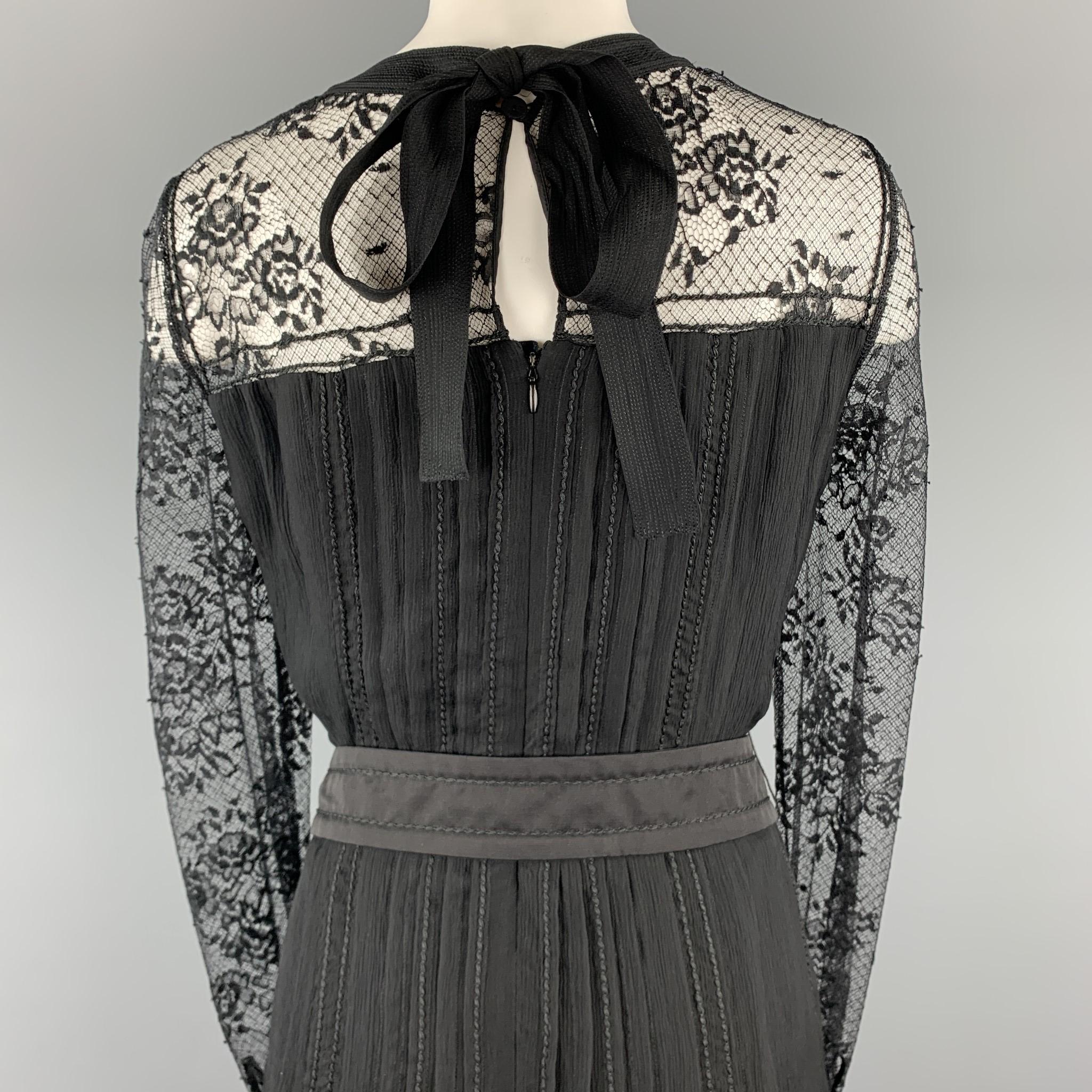 Women's PRADA Size 10 Black Pleated Silk Lace Top Long Sleeve Cocktail Dress
