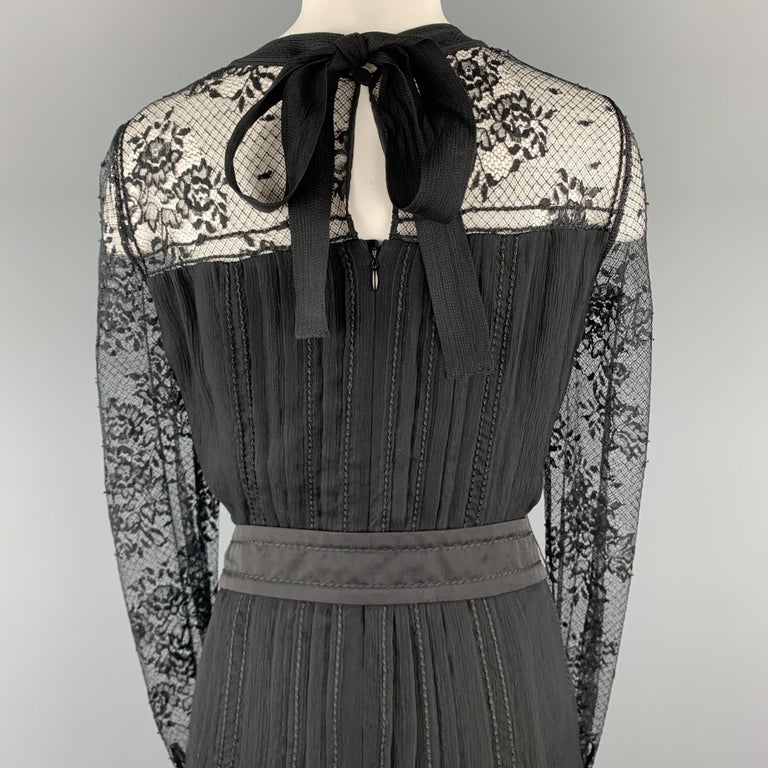 PRADA Size 10 Black Pleated Silk Lace Top Long Sleeve Cocktail Dress For Sale 3