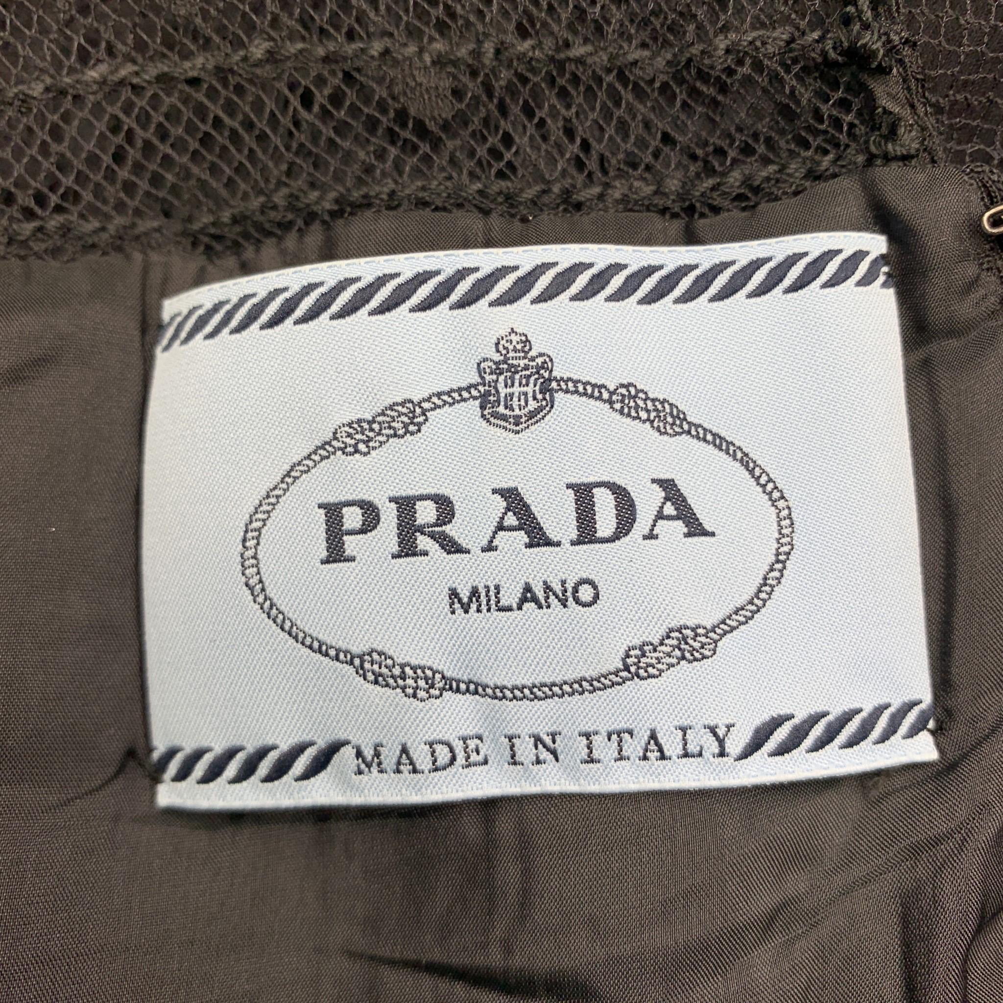 PRADA Size 10 Black Pleated Silk Lace Top Long Sleeve Cocktail Dress 1