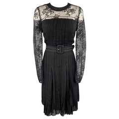 PRADA Size 10 Black Pleated Silk Lace Top Long Sleeve Cocktail Dress