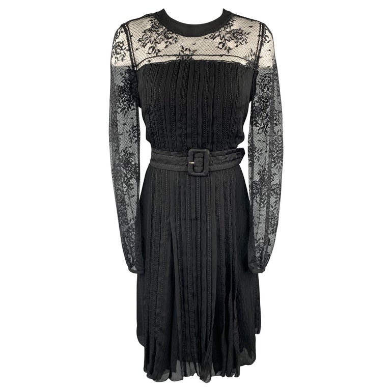 PRADA Size 10 Black Pleated Silk Lace Top Long Sleeve Cocktail Dress For Sale