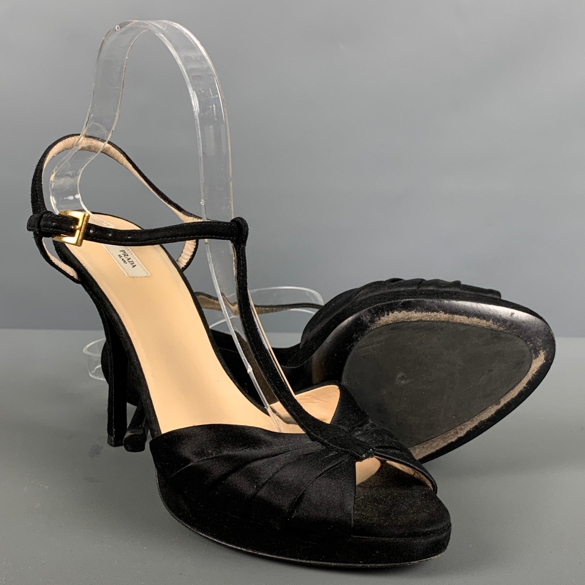 PRADA Size 10 Black Silk Suede Platform Sandals For Sale 1