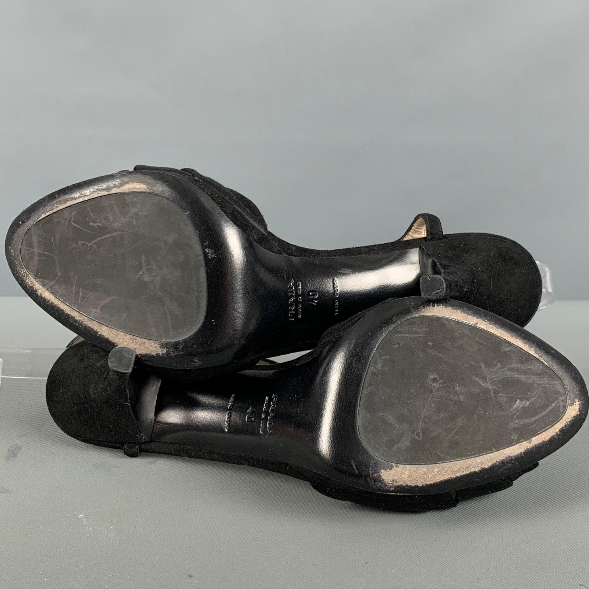 PRADA Size 10 Black Silk Suede Platform Sandals For Sale 2