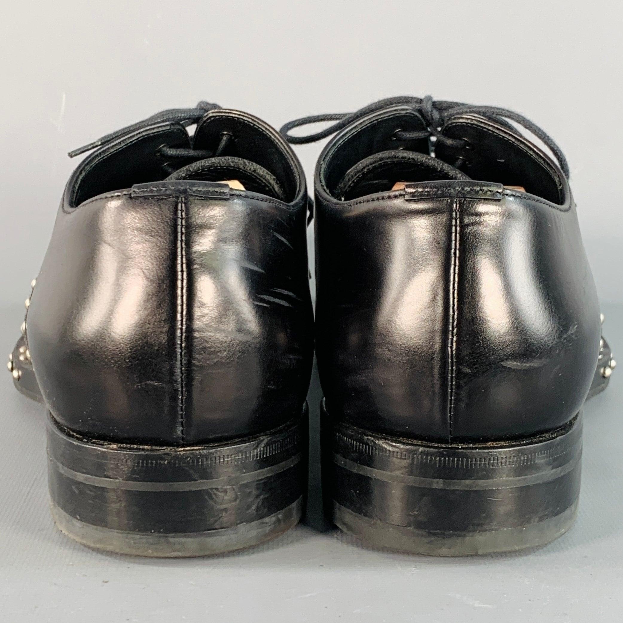 PRADA Size 10 Black Silver Studded Leather Cap Toe Lace Up Shoes In Good Condition For Sale In San Francisco, CA