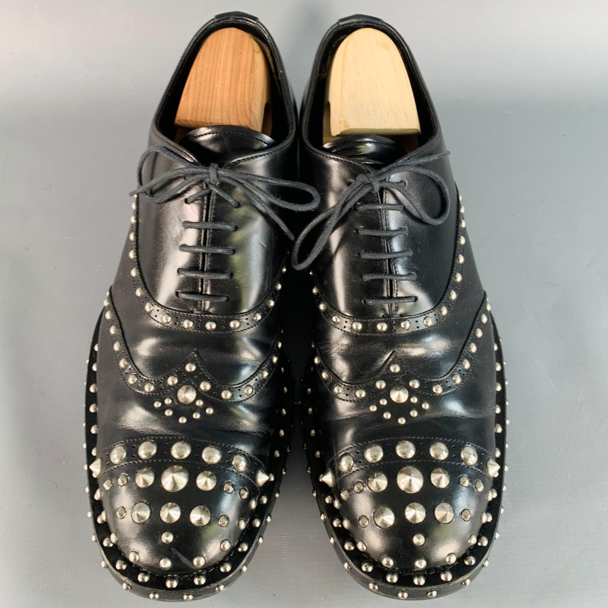 Men's PRADA Size 10 Black Silver Studded Leather Cap Toe Lace Up Shoes For Sale