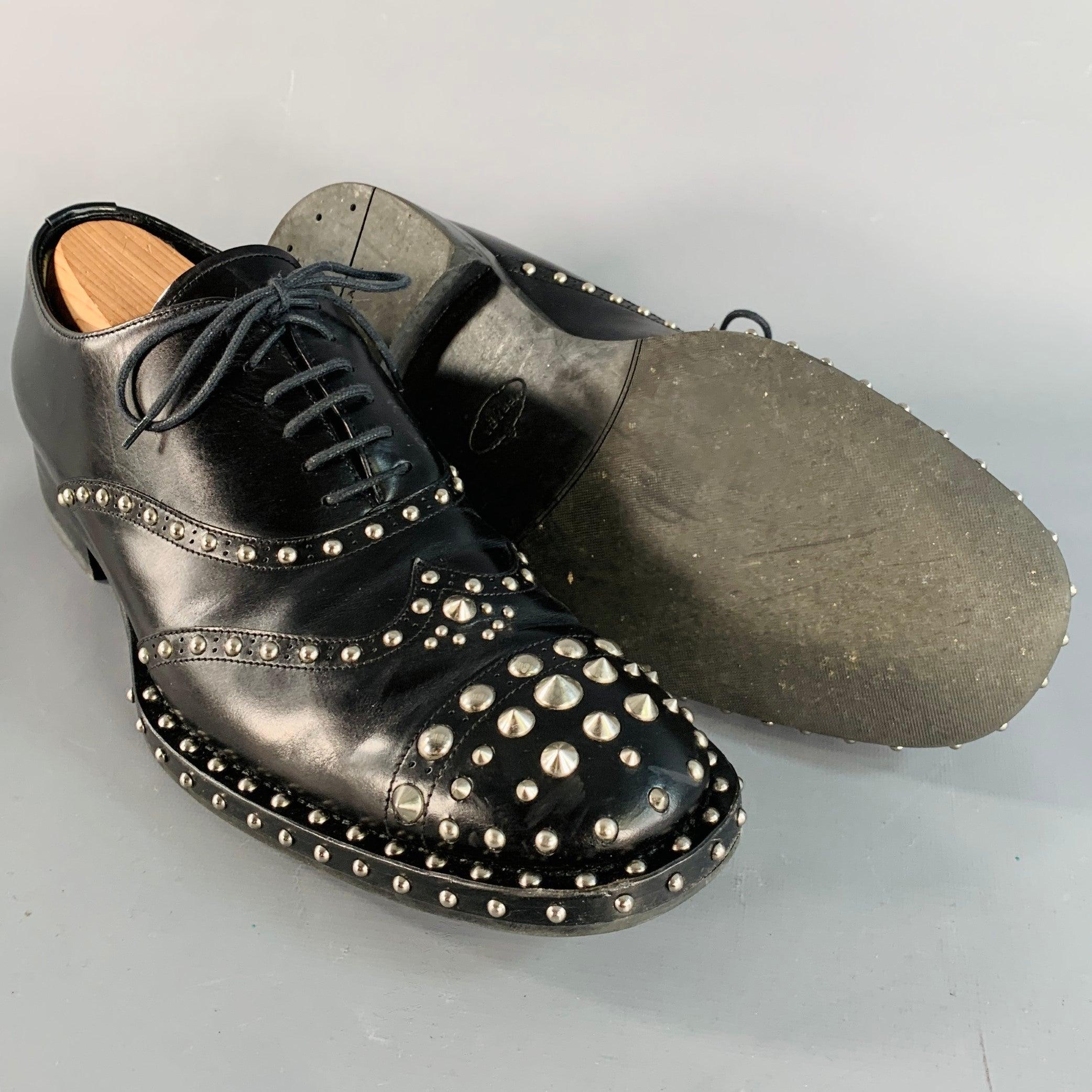 PRADA Size 10 Black Silver Studded Leather Cap Toe Lace Up Shoes For Sale 1