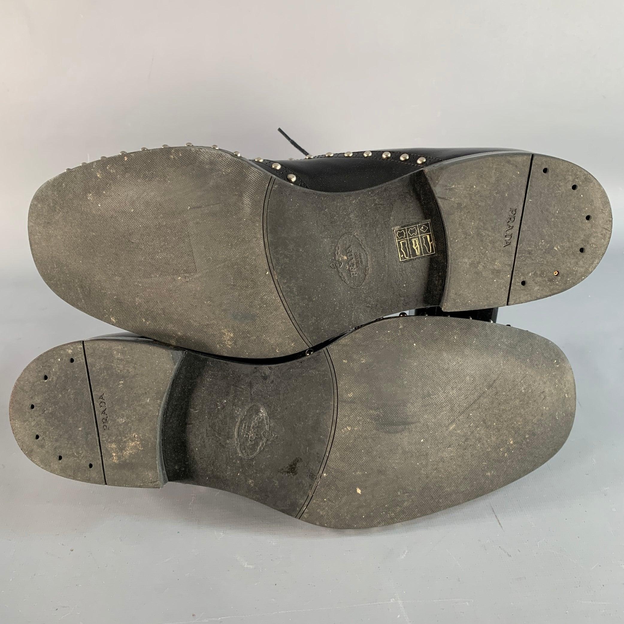 PRADA Size 10 Black Silver Studded Leather Cap Toe Lace Up Shoes For Sale 2