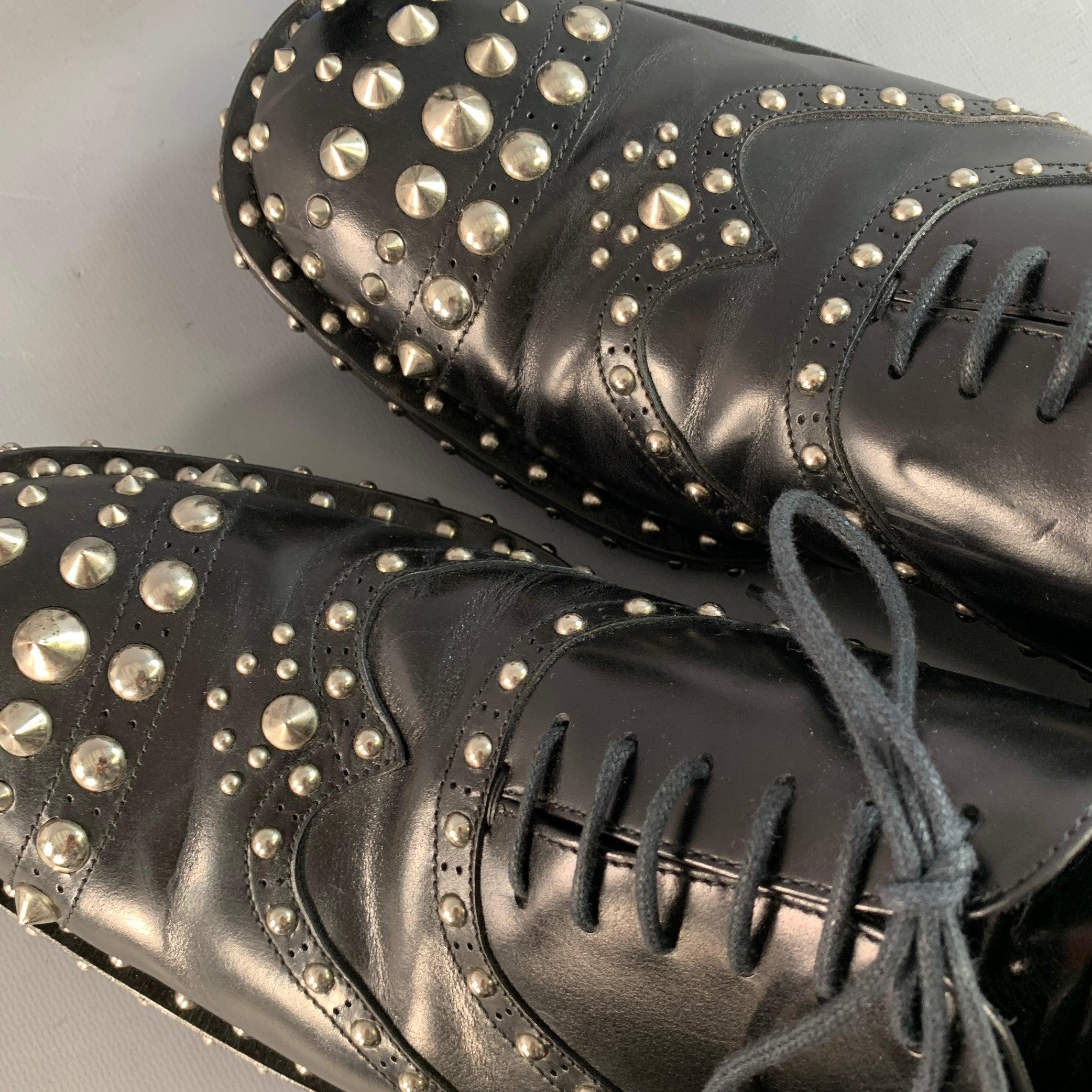 PRADA Size 10 Black Silver Studded Leather Cap Toe Lace Up Shoes For Sale 5