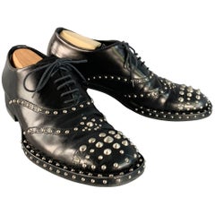 PRADA Size 10 Black Silver Studded Leather Cap Toe Lace Up Shoes