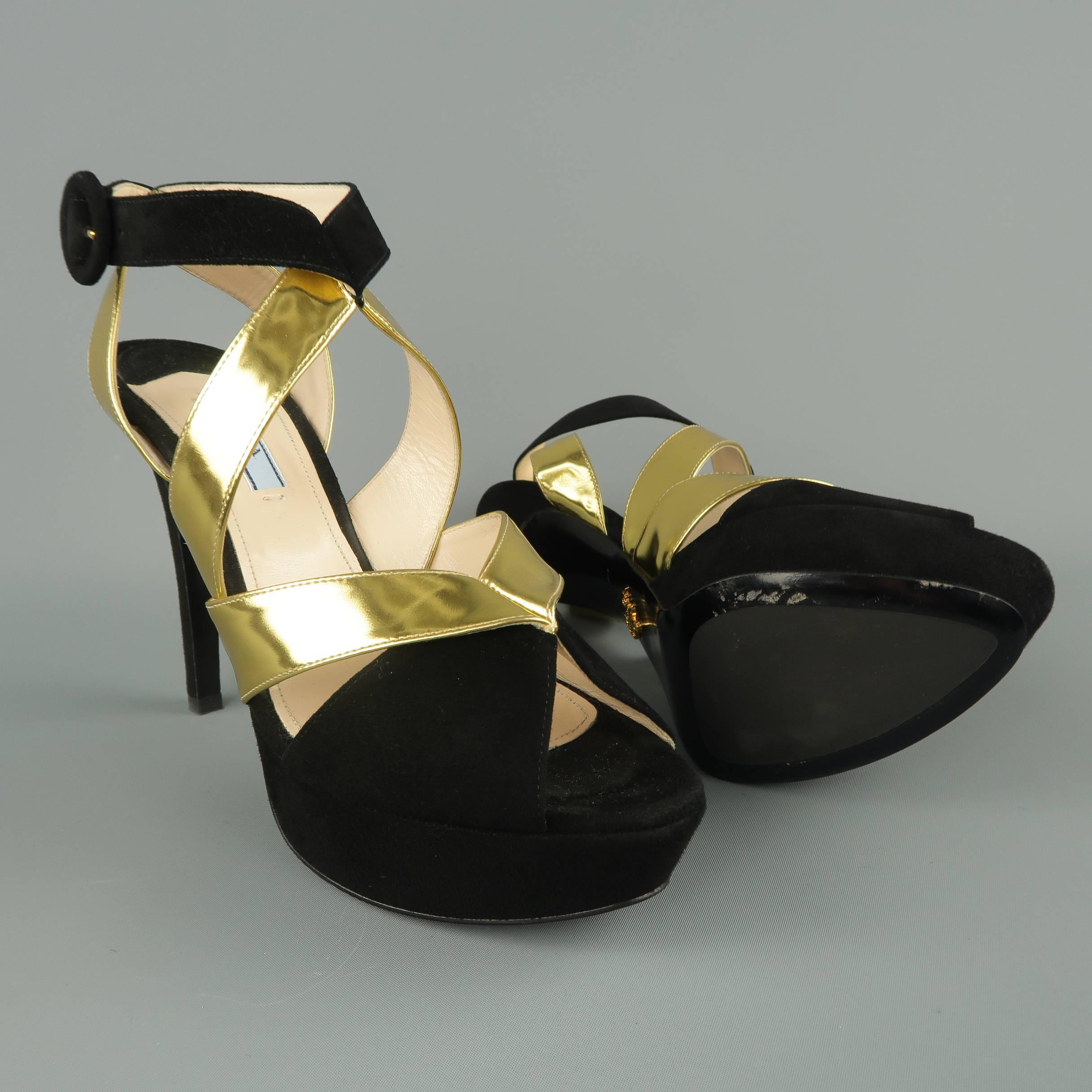 Women's PRADA Size 10 Black Suede & Metallic Gold Leather Platform Strappy Sandals