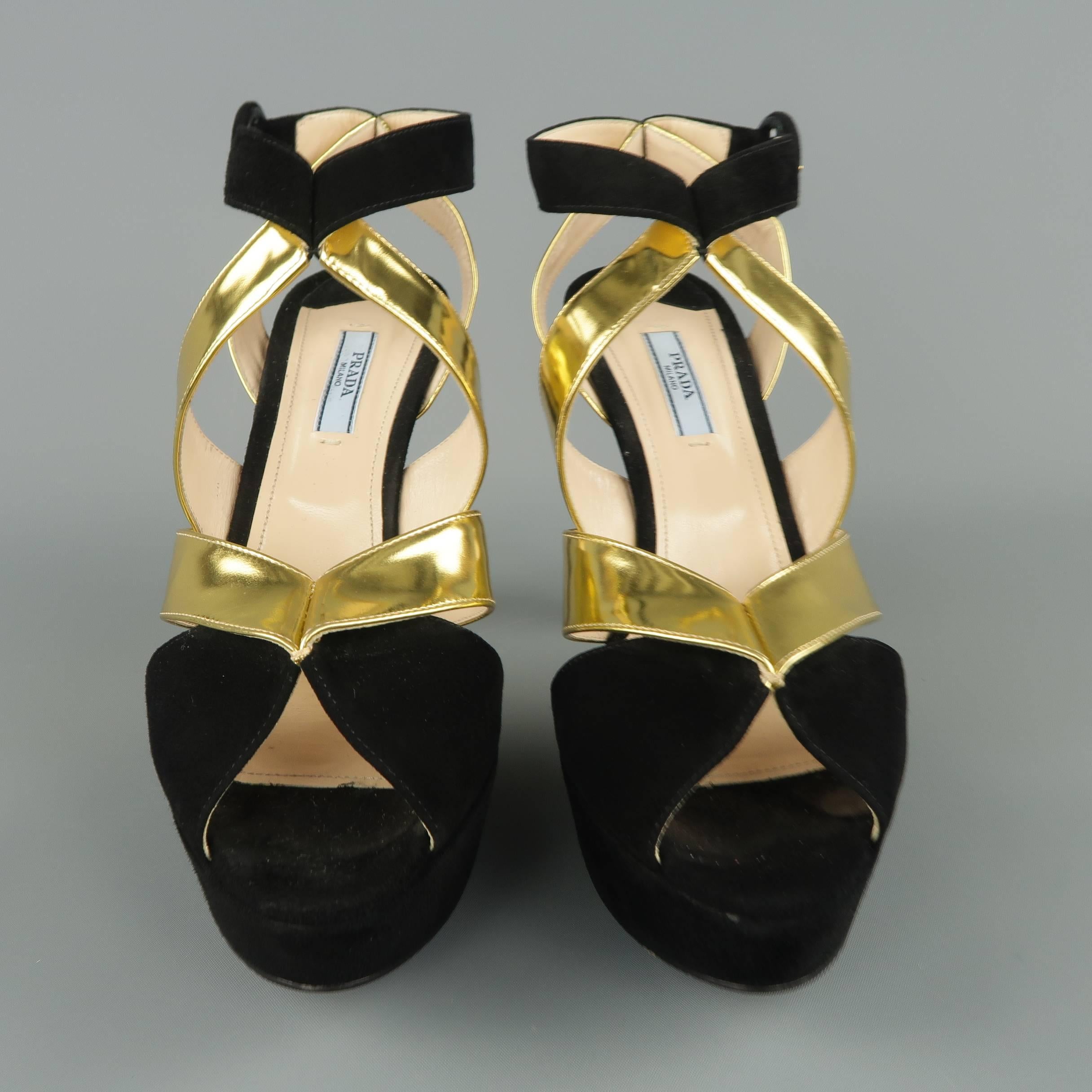 PRADA Size 10 Black Suede & Metallic Gold Leather Platform Strappy Sandals 1