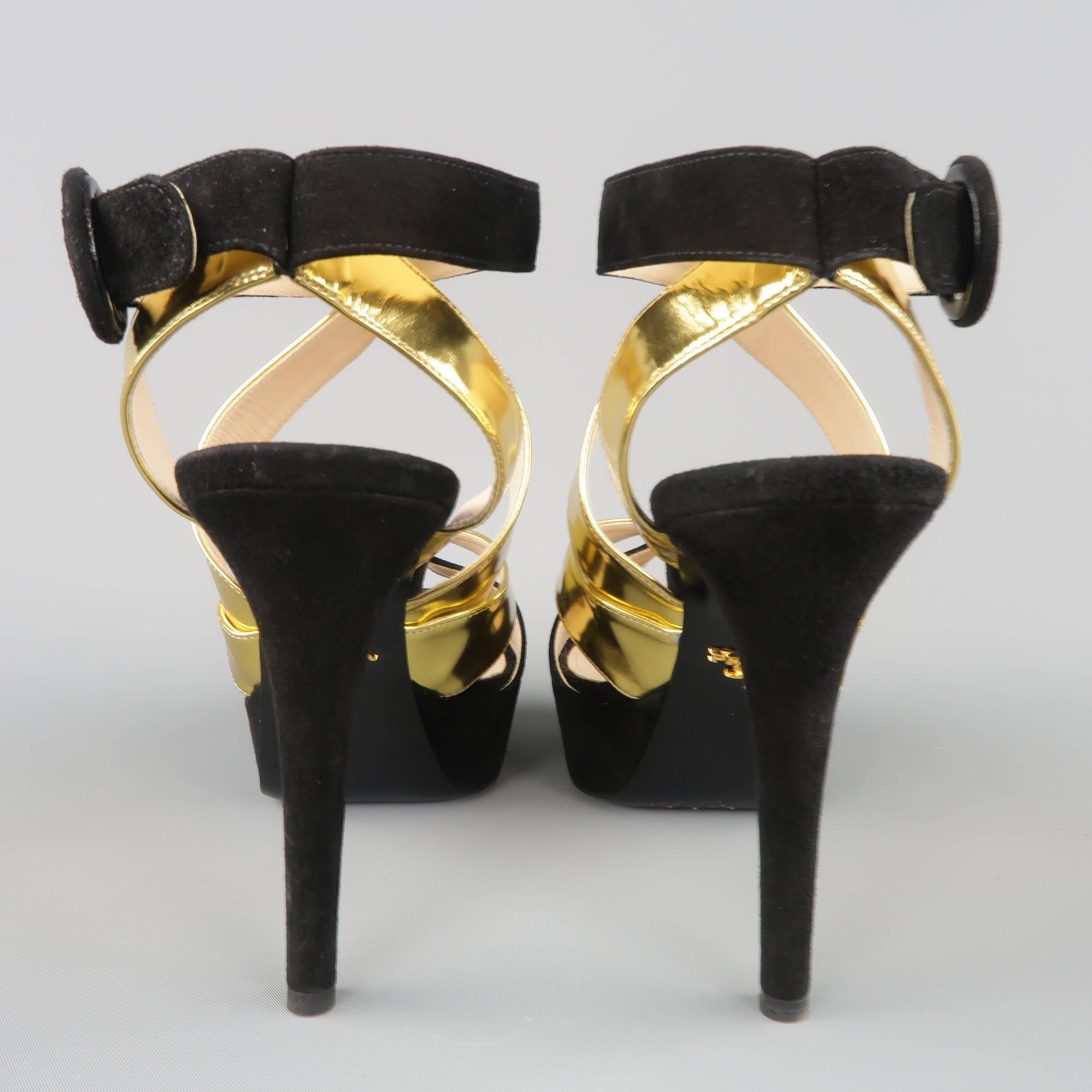 PRADA Size 10 Black Suede & Metallic Gold Leather Platform Strappy Sandals 2