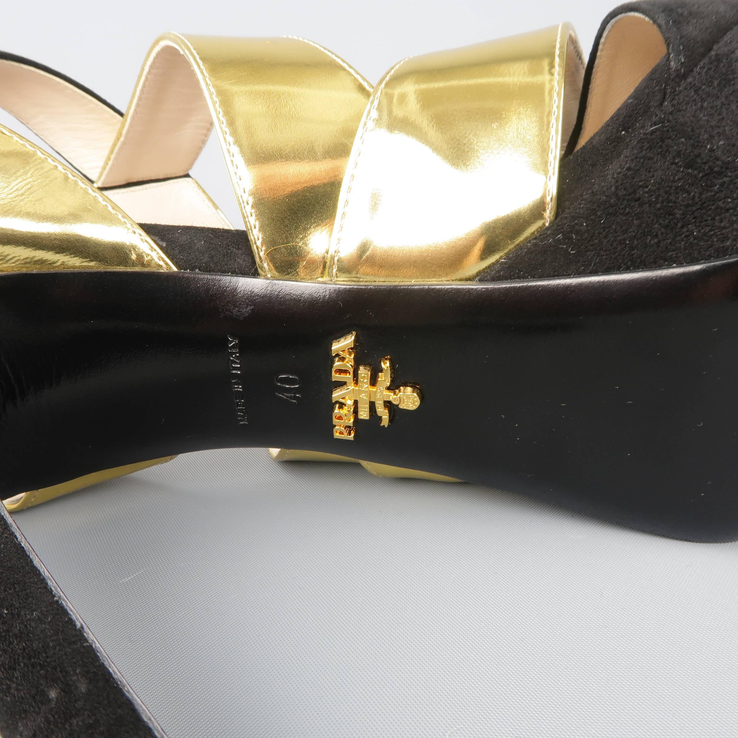 PRADA Size 10 Black Suede & Metallic Gold Leather Platform Strappy Sandals 3