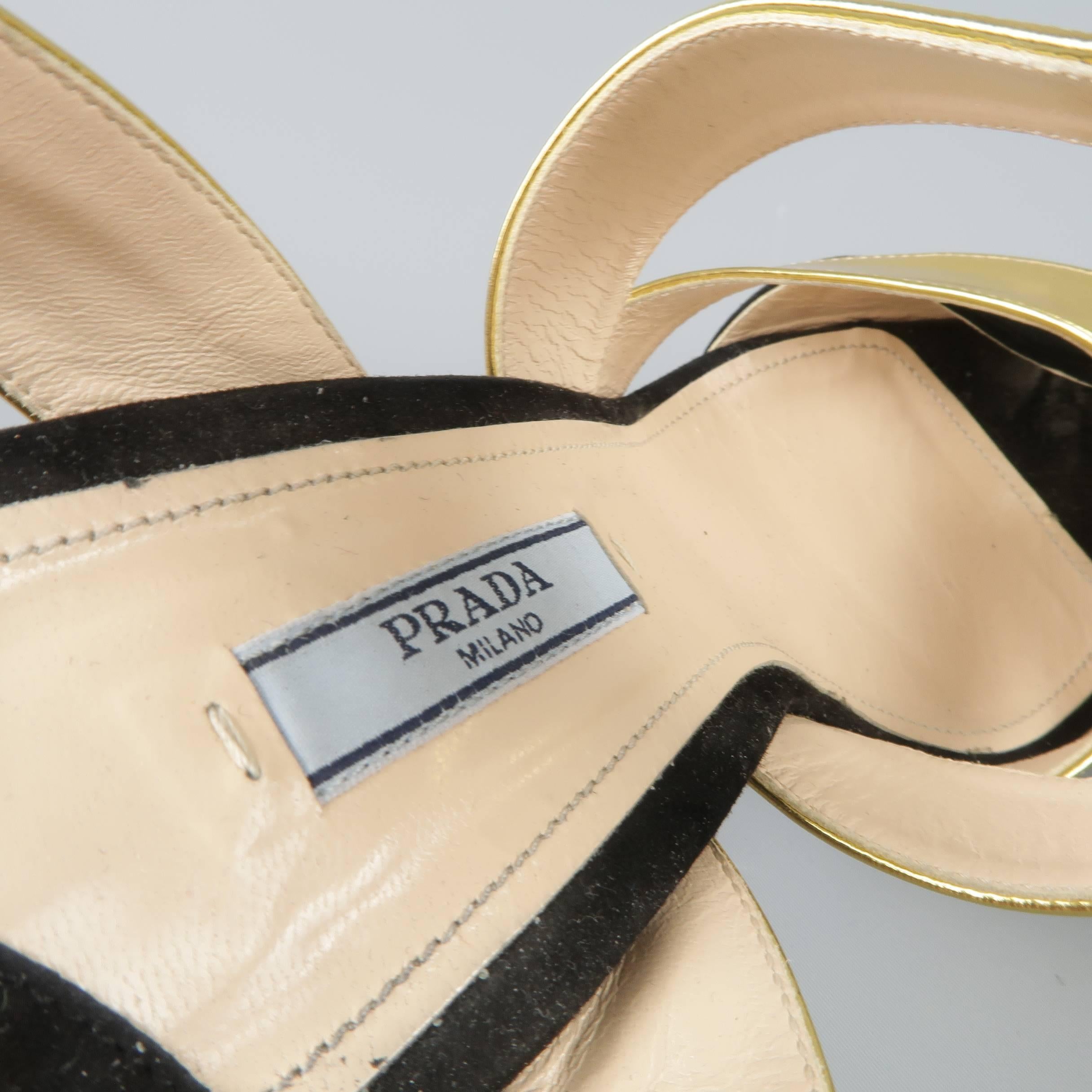 PRADA Size 10 Black Suede & Metallic Gold Leather Platform Strappy Sandals 4