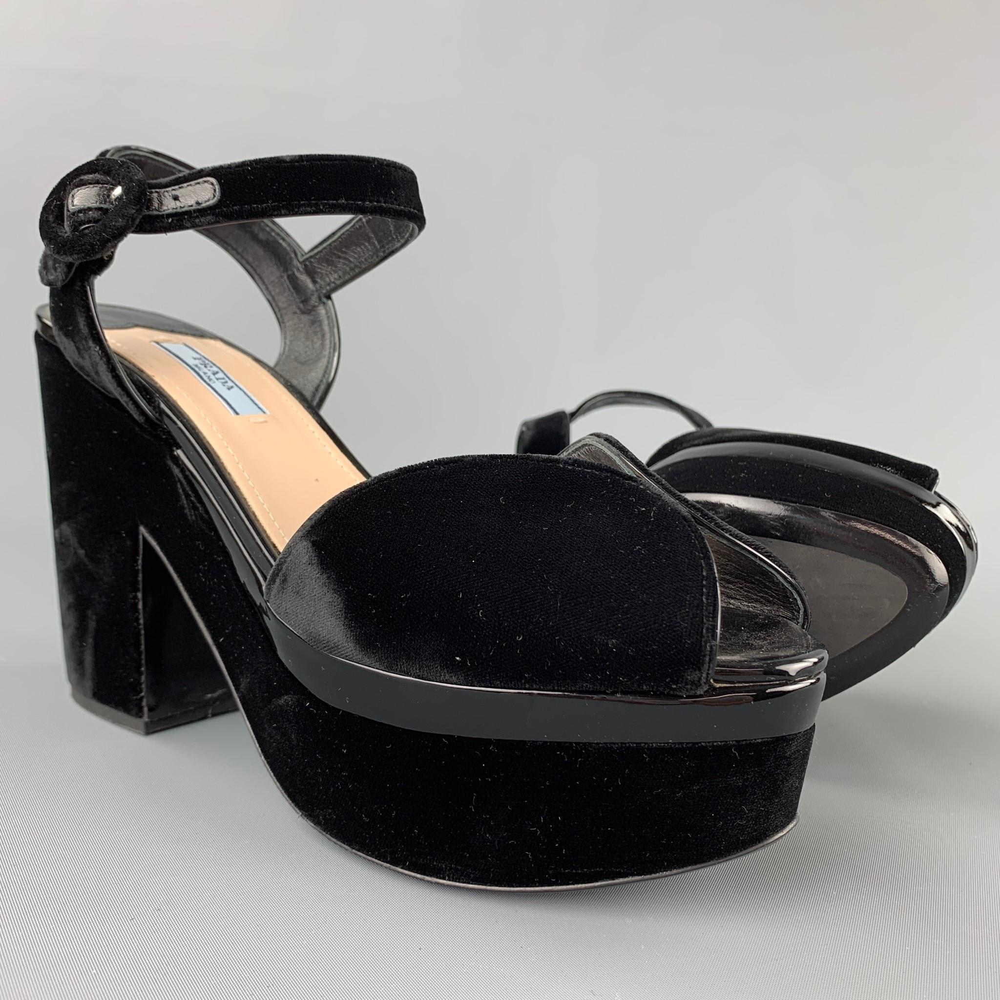 PRADA Size 10 Black Velvet Patent Leather Peep Toe Platform Sandals In Good Condition In San Francisco, CA