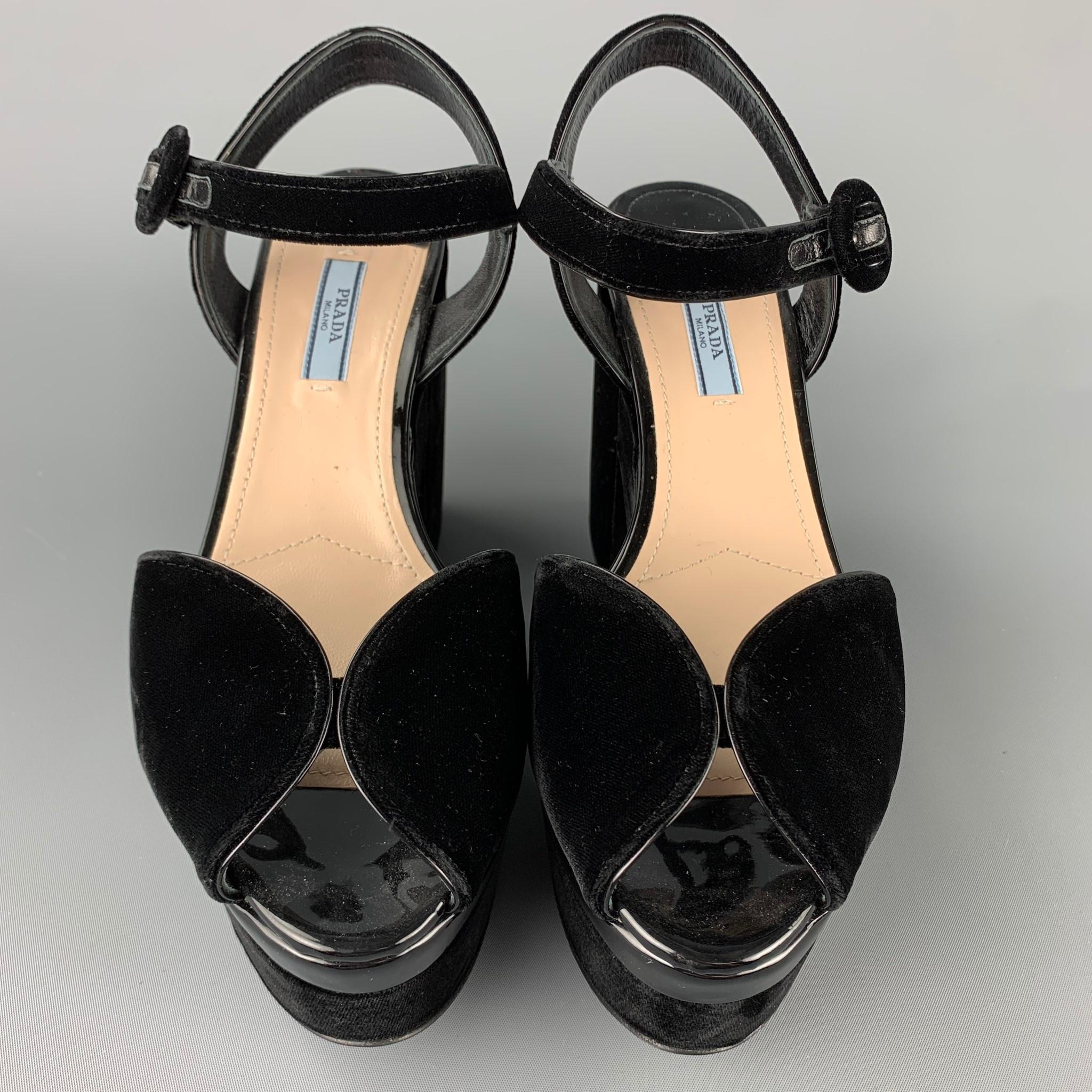 Women's PRADA Size 10 Black Velvet Patent Leather Peep Toe Platform Sandals