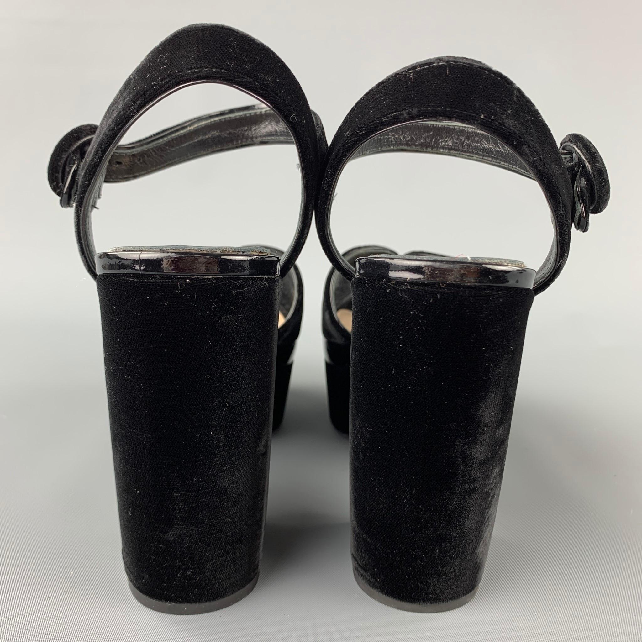PRADA Size 10 Black Velvet Patent Leather Peep Toe Platform Sandals 1