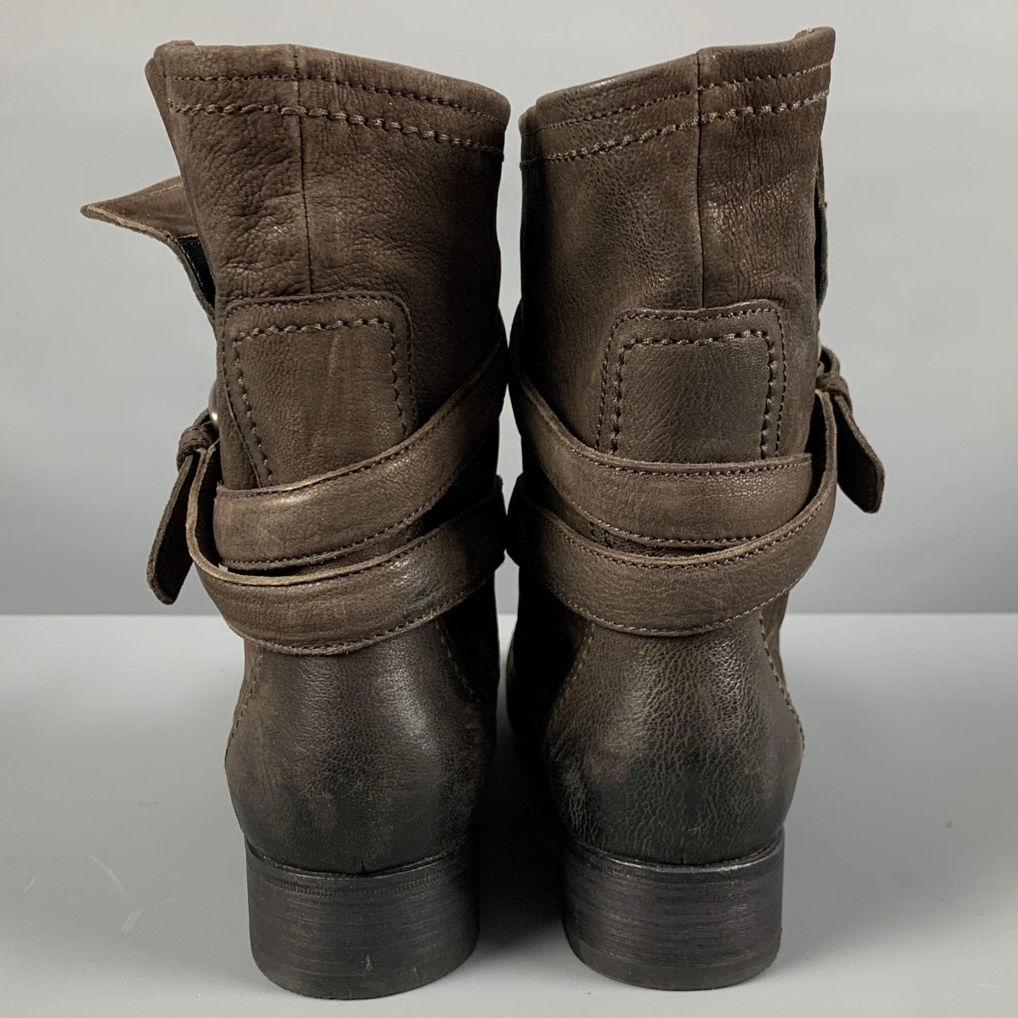 PRADA Size 10 Brown Leather Ankle Strap Boots In Good Condition In San Francisco, CA