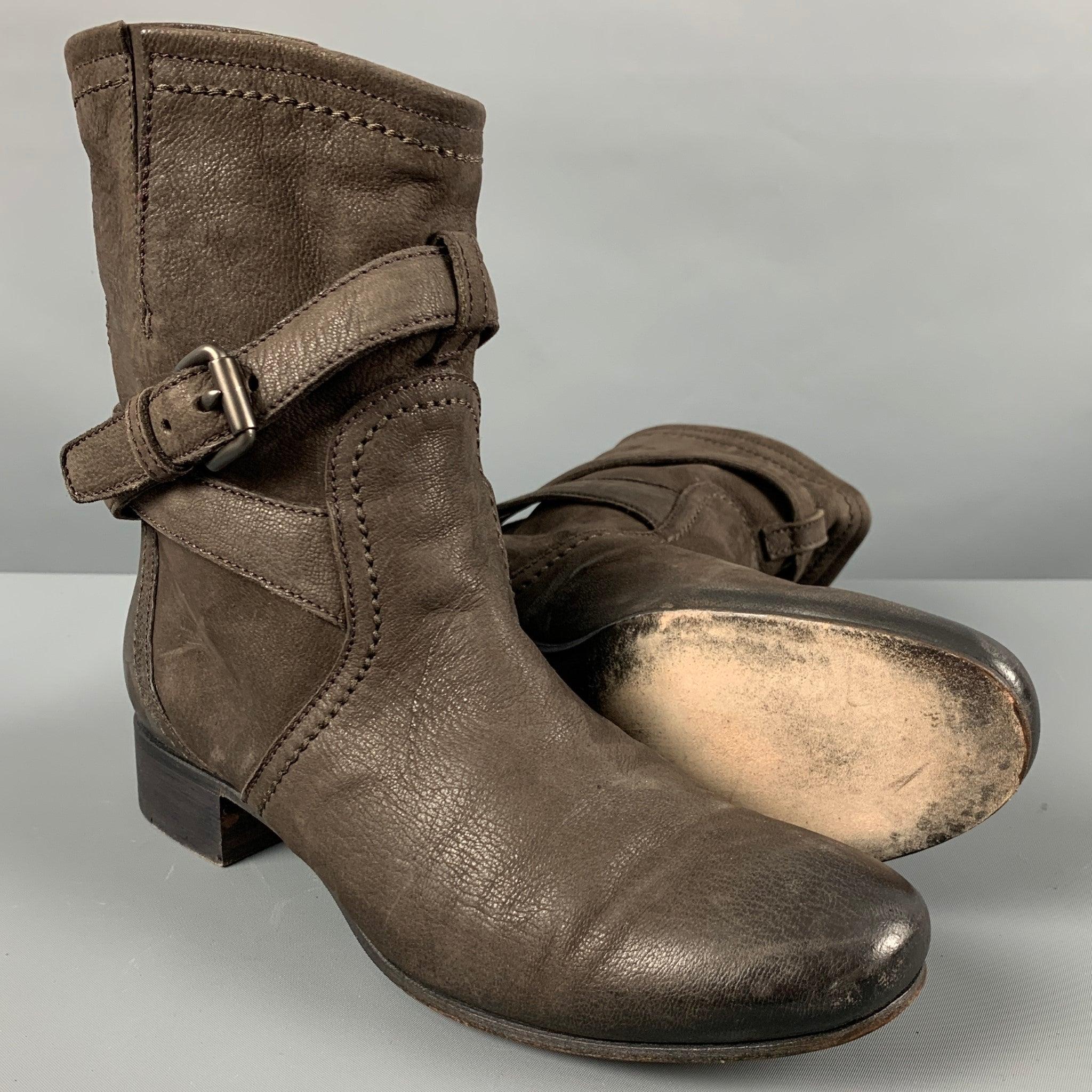 PRADA Size 10 Brown Leather Ankle Strap Boots For Sale 1