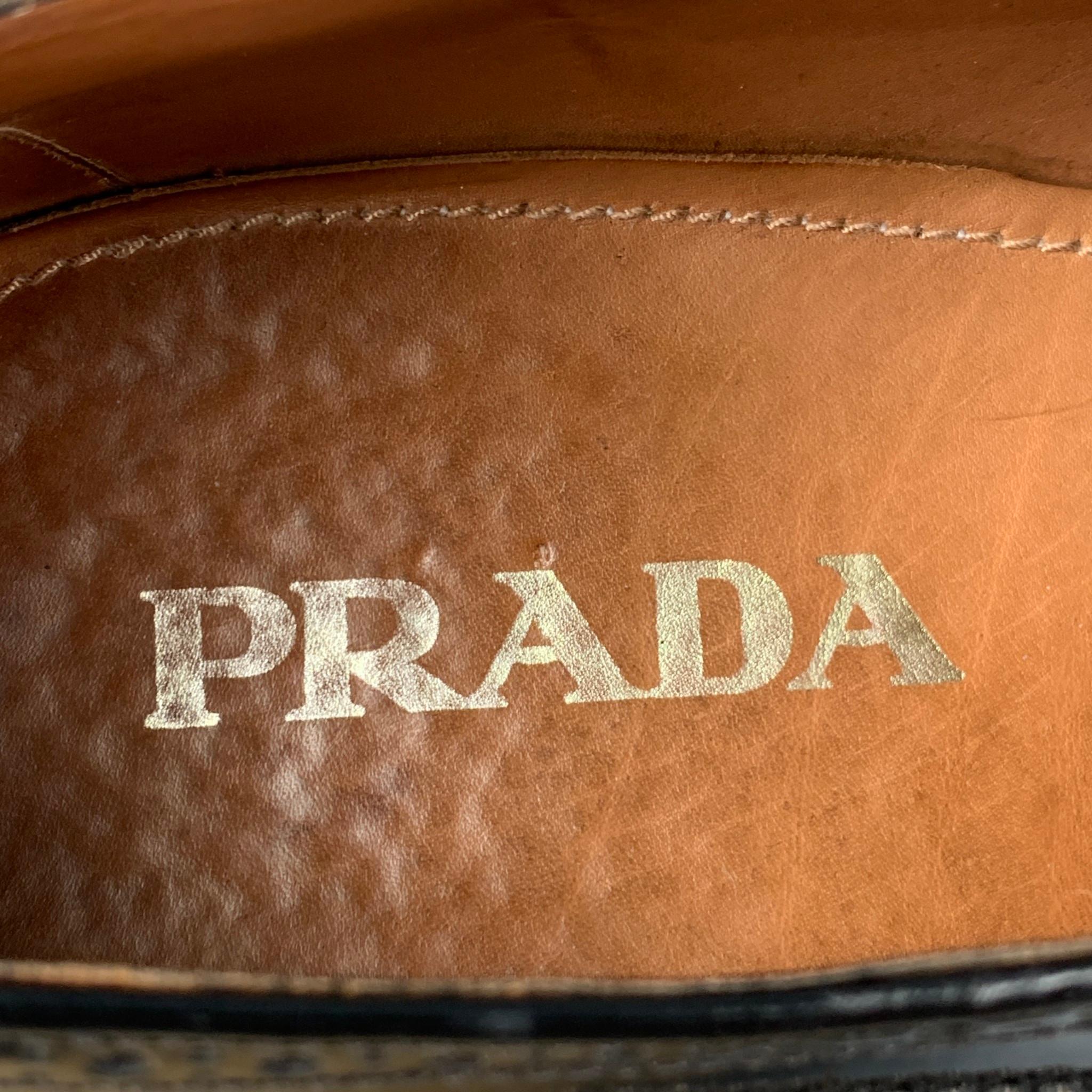 PRADA Size 10 Brown Tan Perforated Leather Wingtip Lace Up Shoes In Good Condition In San Francisco, CA