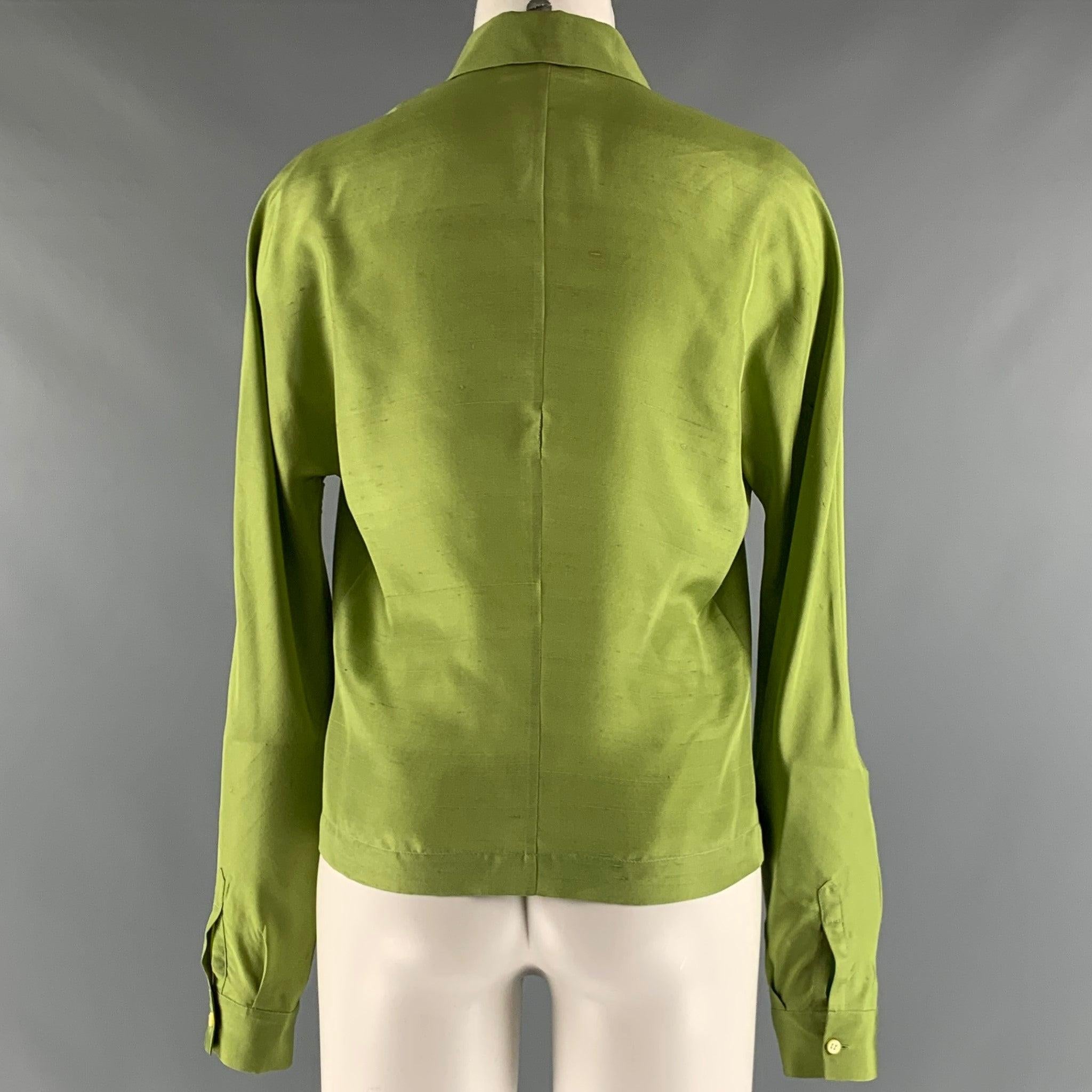 PRADA Size 10 Green Silk Long Sleeve Dress Top In Good Condition For Sale In San Francisco, CA