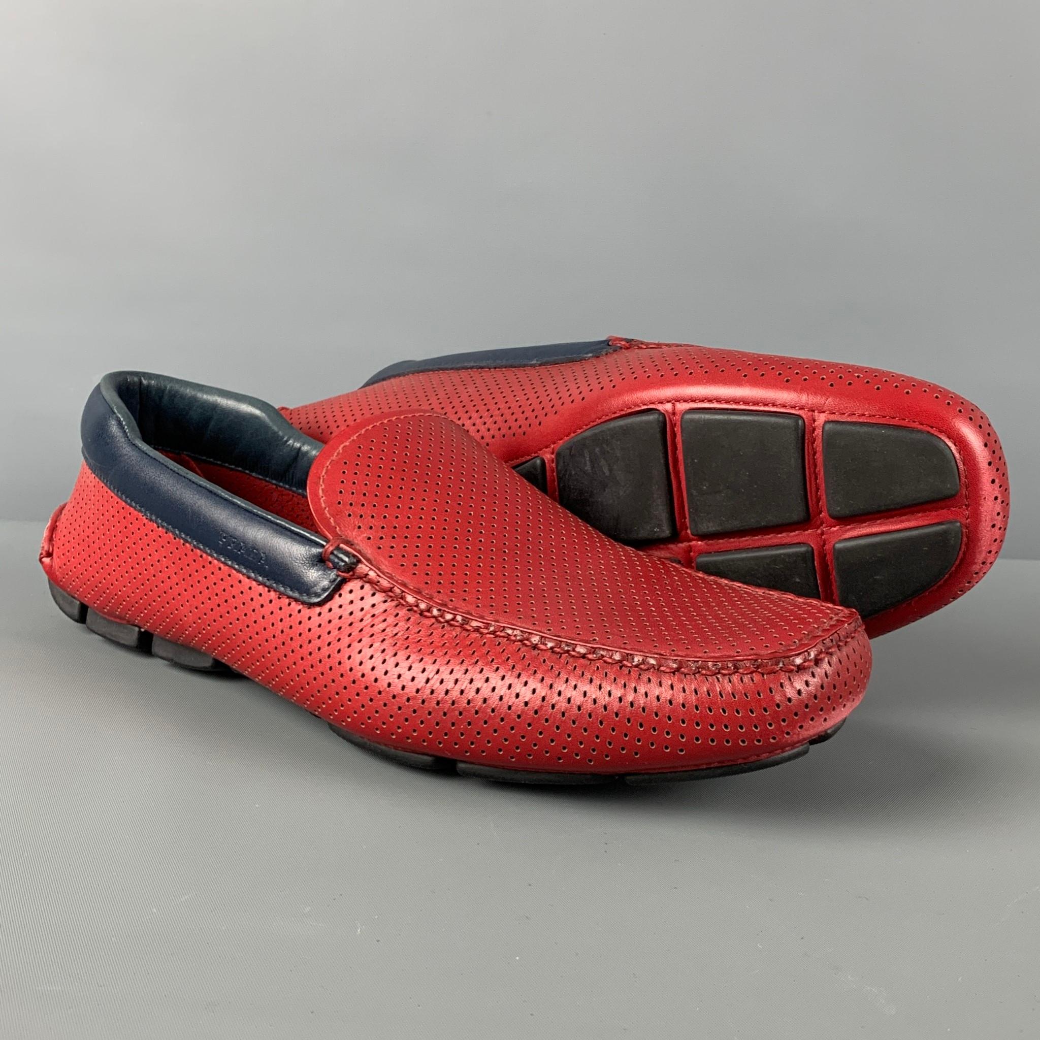 PRADA Size 10 Red Perforated Leather Square Toe Loafers In Good Condition In San Francisco, CA