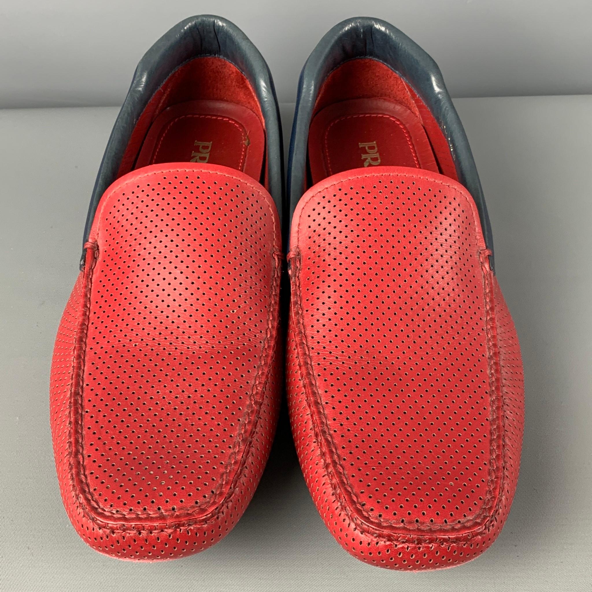 Men's PRADA Size 10 Red Perforated Leather Square Toe Loafers
