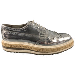 PRADA Size 10 Silver Perforated Leather Platform Lace-Up Shoes