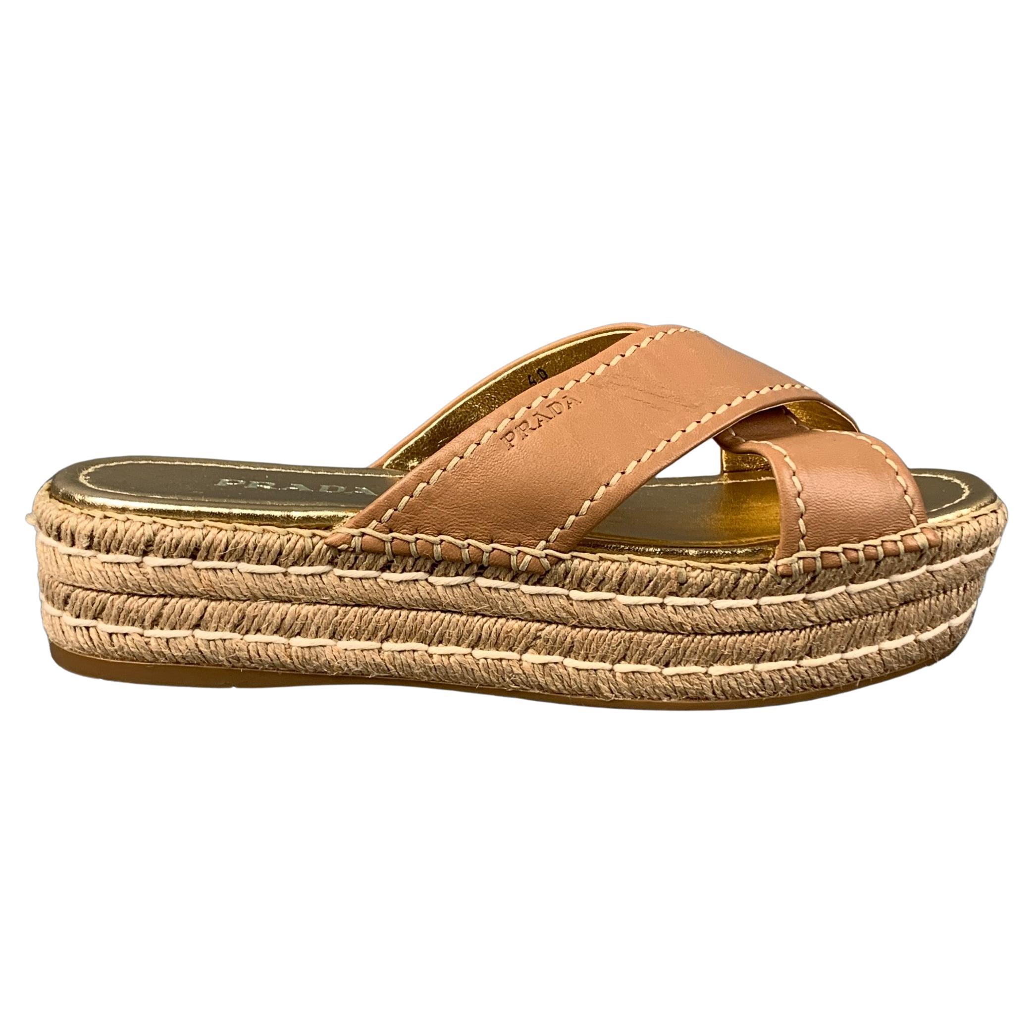 PRADA Size 10 Tan Gold Leather Espadrille Sandals at 1stDibs | prada  brocade espadrilles, prada calzature donna espadrilles, prada espadrille  slides